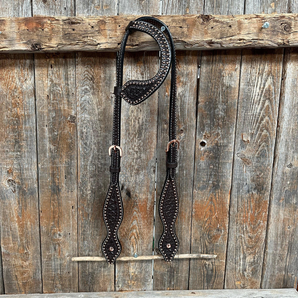 Dark Oil Honeycomb Tooled with Copper Dots One Ear Headstall / Bridle