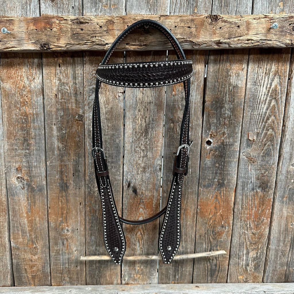 Dark Oil Basketweave with Silver Dots Browband Headstall / Bridle