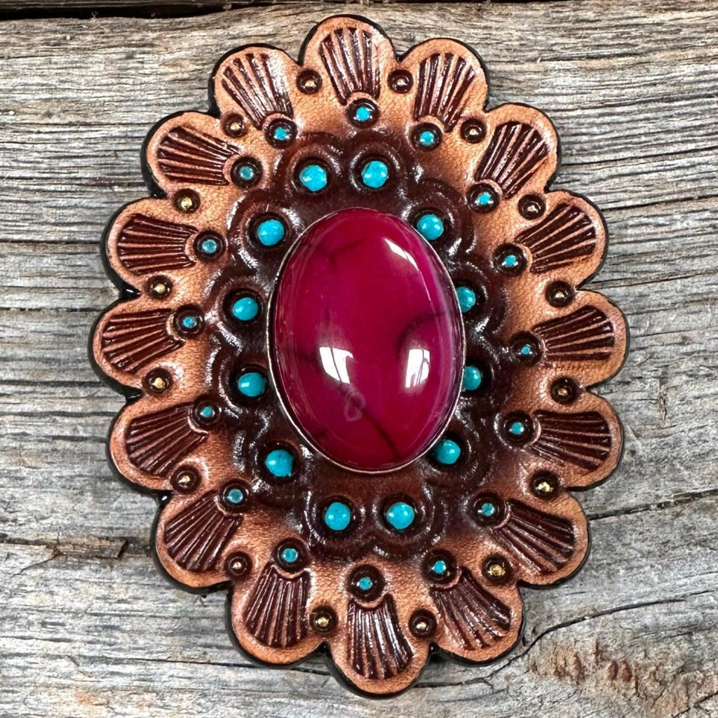 Leather Rosette Medium Oil Edges with Fuchsia Cabochon Western Concho R107CABFU