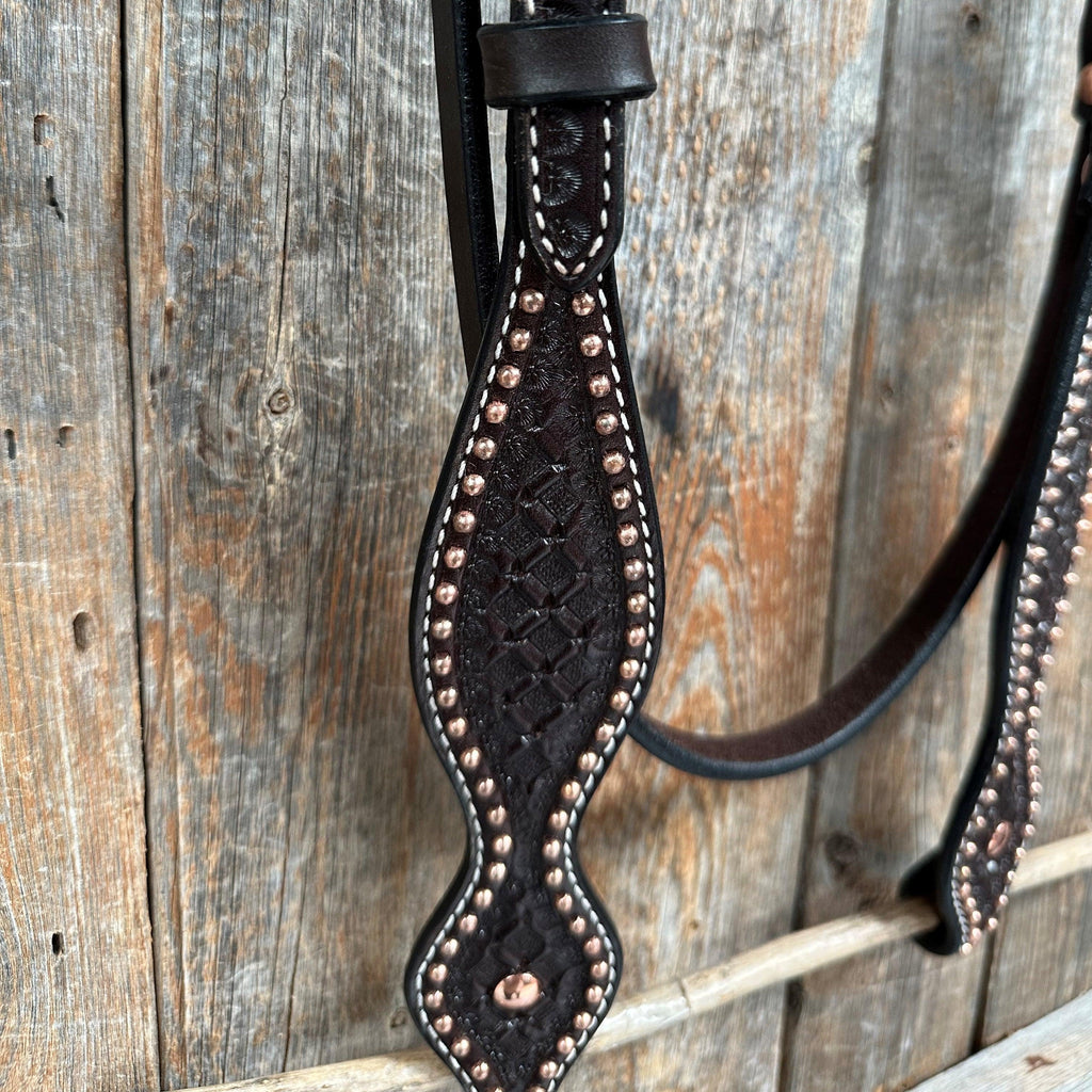 Dark Oil Honeycomb Tooled with Copper Dots Browband Headstall / Bridle — view 3