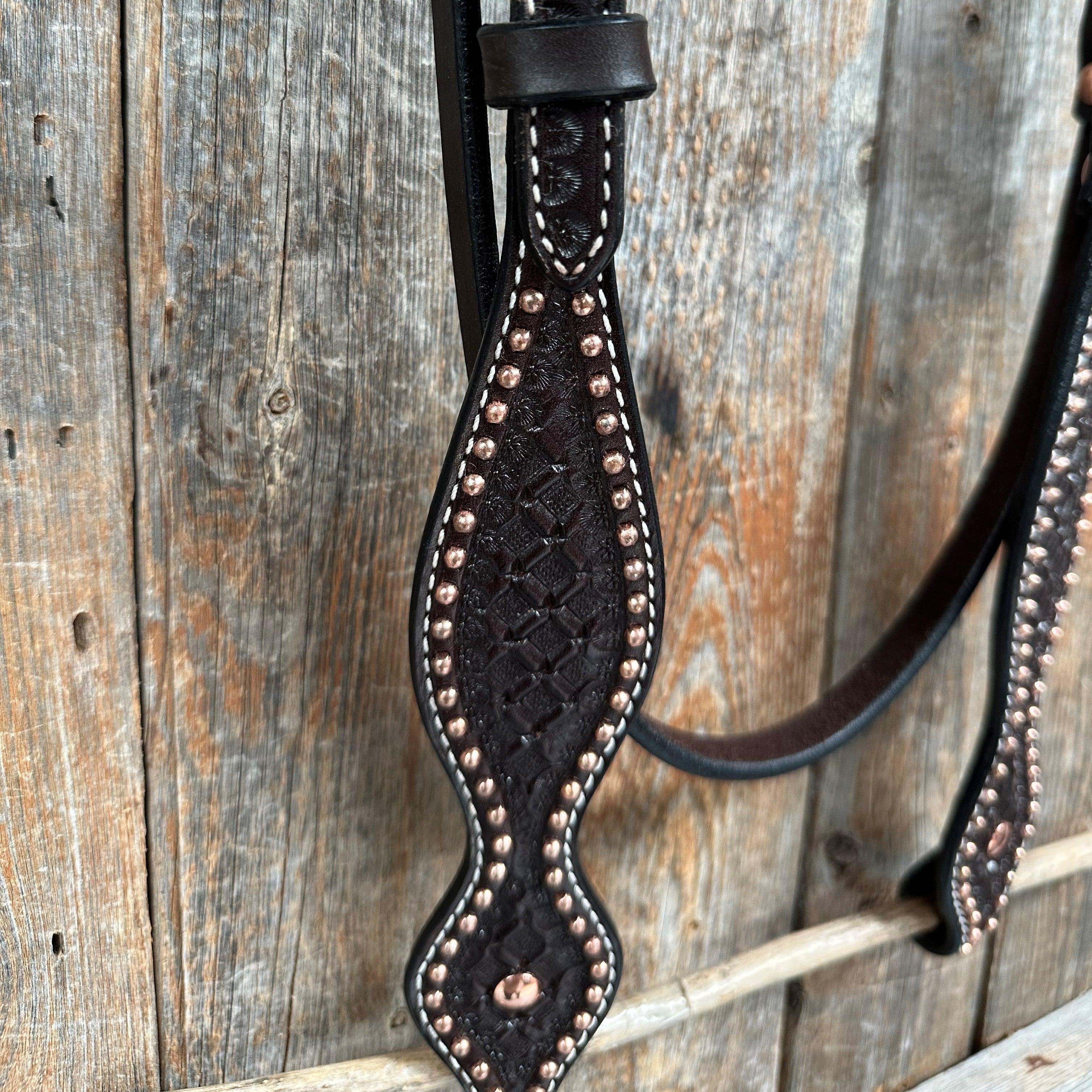 Dark Oil Honeycomb Tooled with Copper Dots Browband Headstall / Bridle — view 3