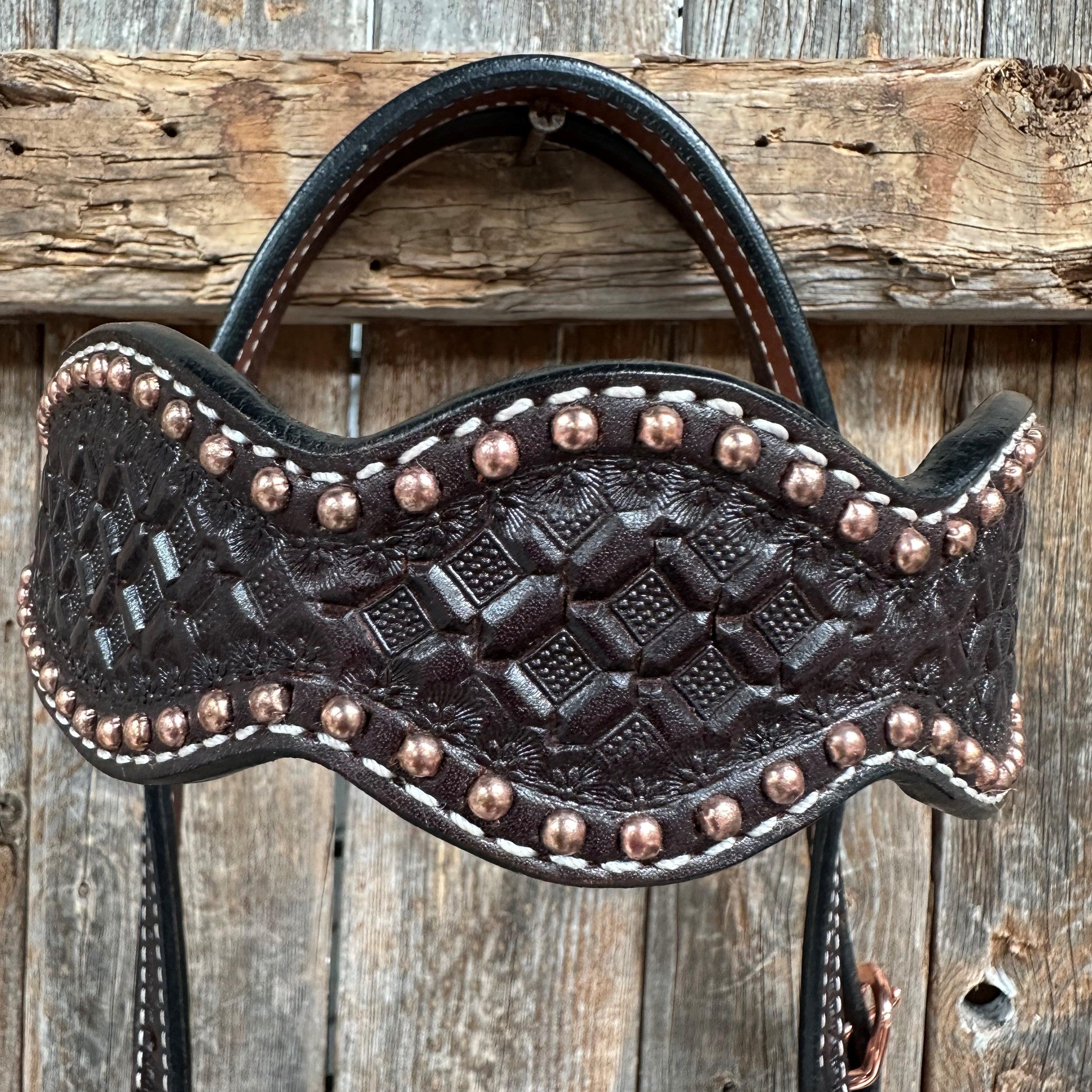 Dark Oil Honeycomb Tooled with Copper Dots Browband Headstall / Bridle — view 2