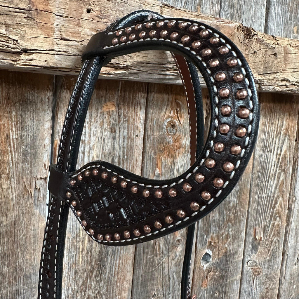 Dark Oil Honeycomb Tooled with Copper Dots One Ear Headstall / Bridle — view 2