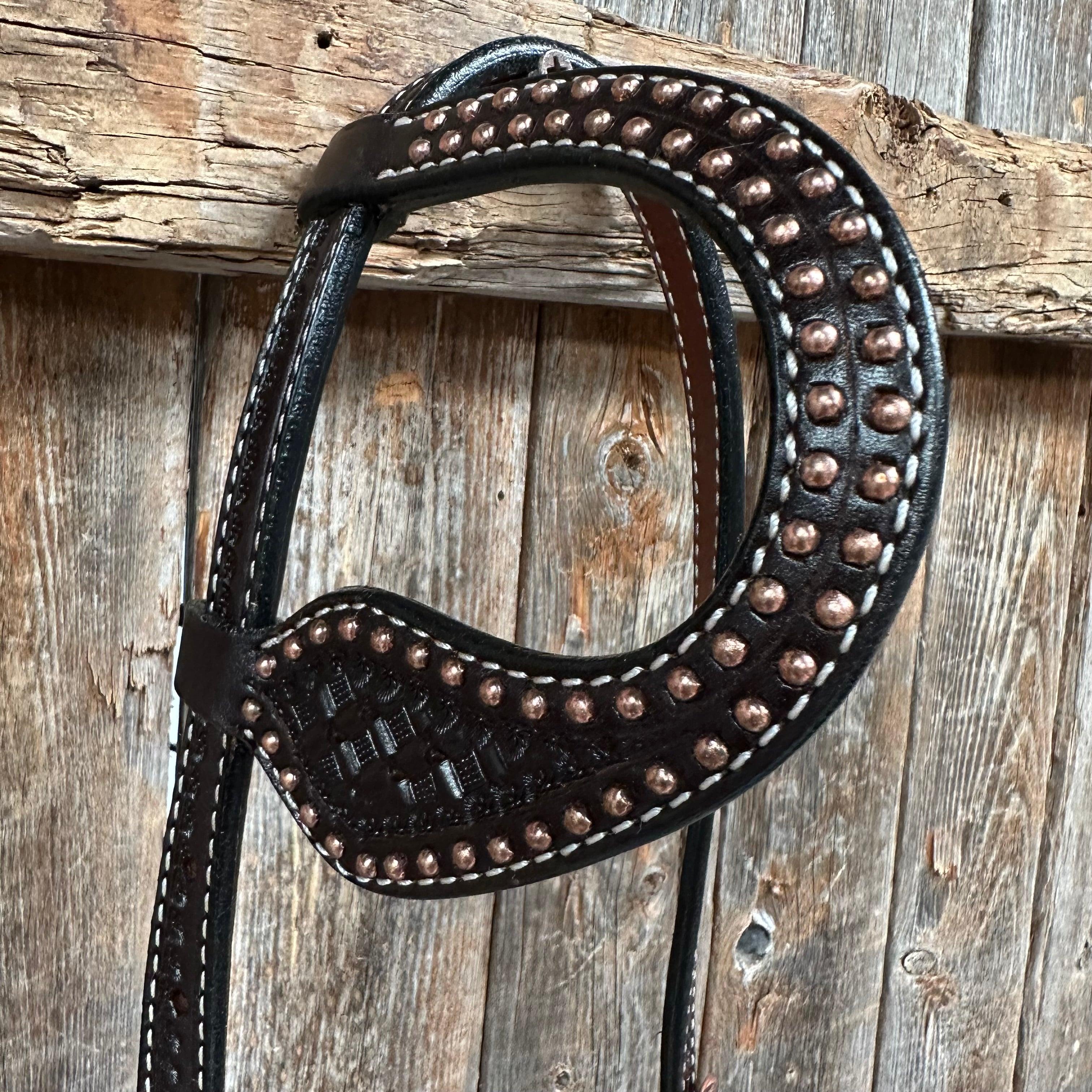 Dark Oil Honeycomb Tooled with Copper Dots One Ear Headstall / Bridle — view 2