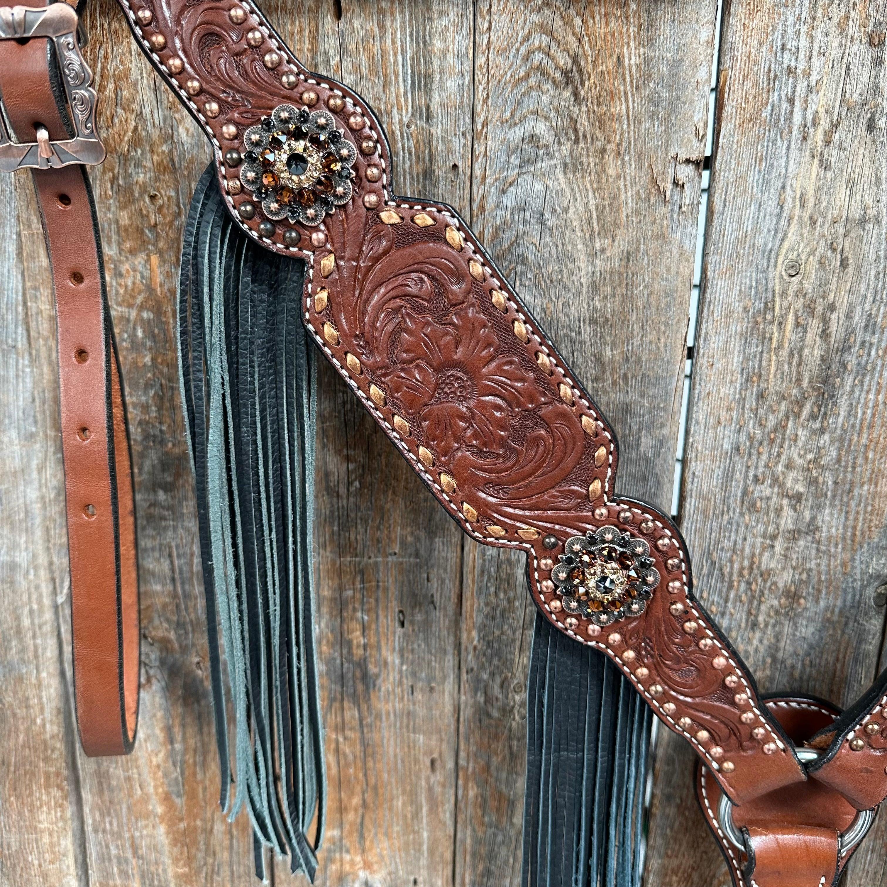 Copper Dot and Buckstitch Jet, Champagne and Topaz Browband Tack Set #BBBC552 — view 6