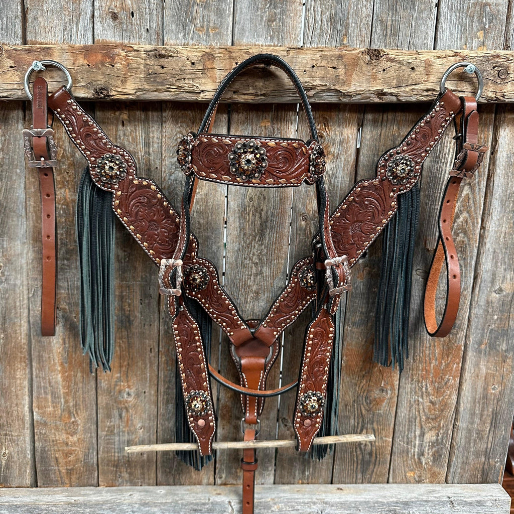 Copper Dot and Buckstitch Jet, Champagne and Topaz Browband Tack Set #BBBC552
