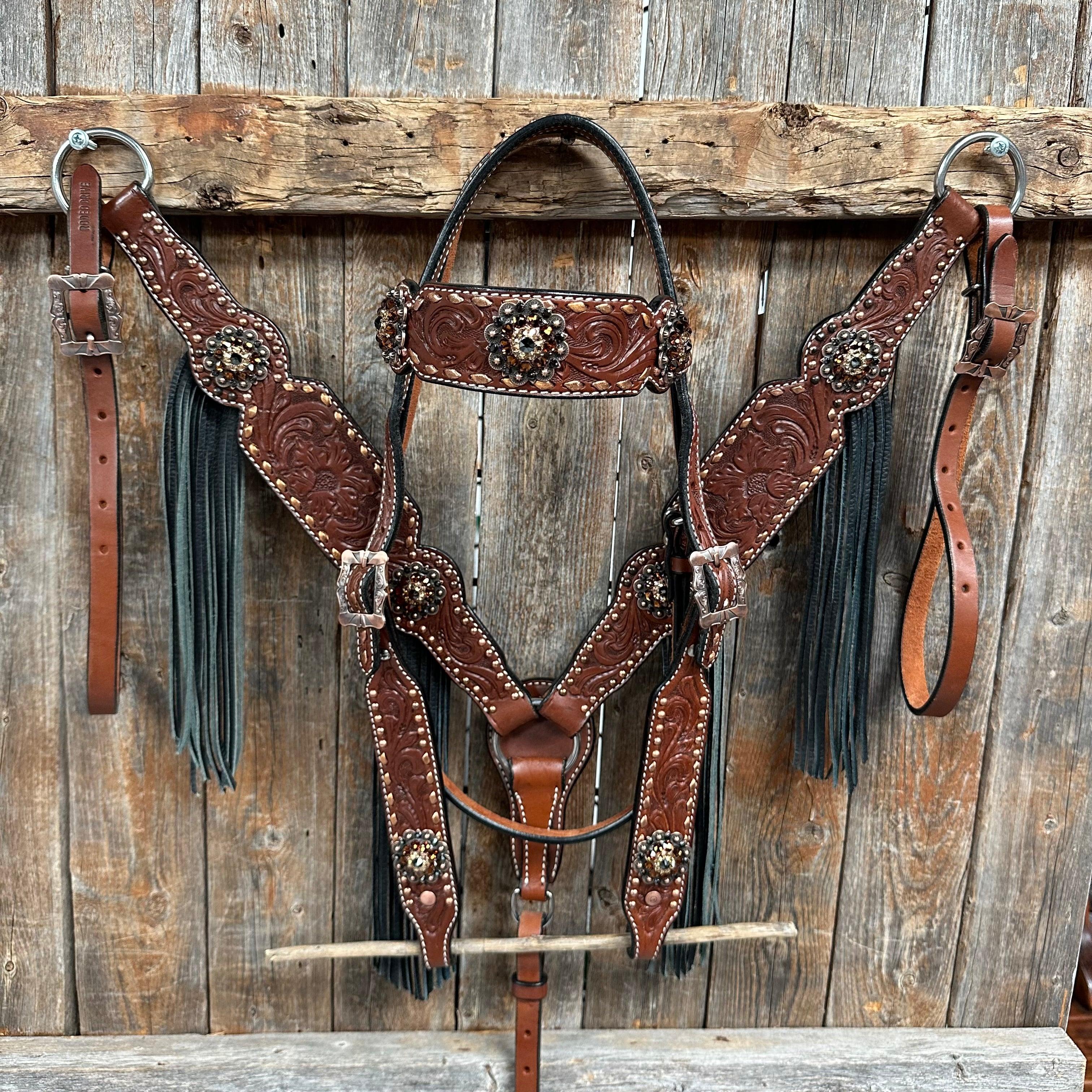 Copper Dot and Buckstitch Jet, Champagne and Topaz Browband Tack Set #BBBC552