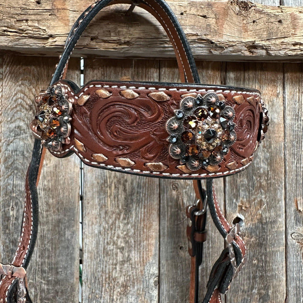 Copper Dot and Buckstitch Jet, Champagne and Topaz Browband Tack Set #BBBC552 — view 3
