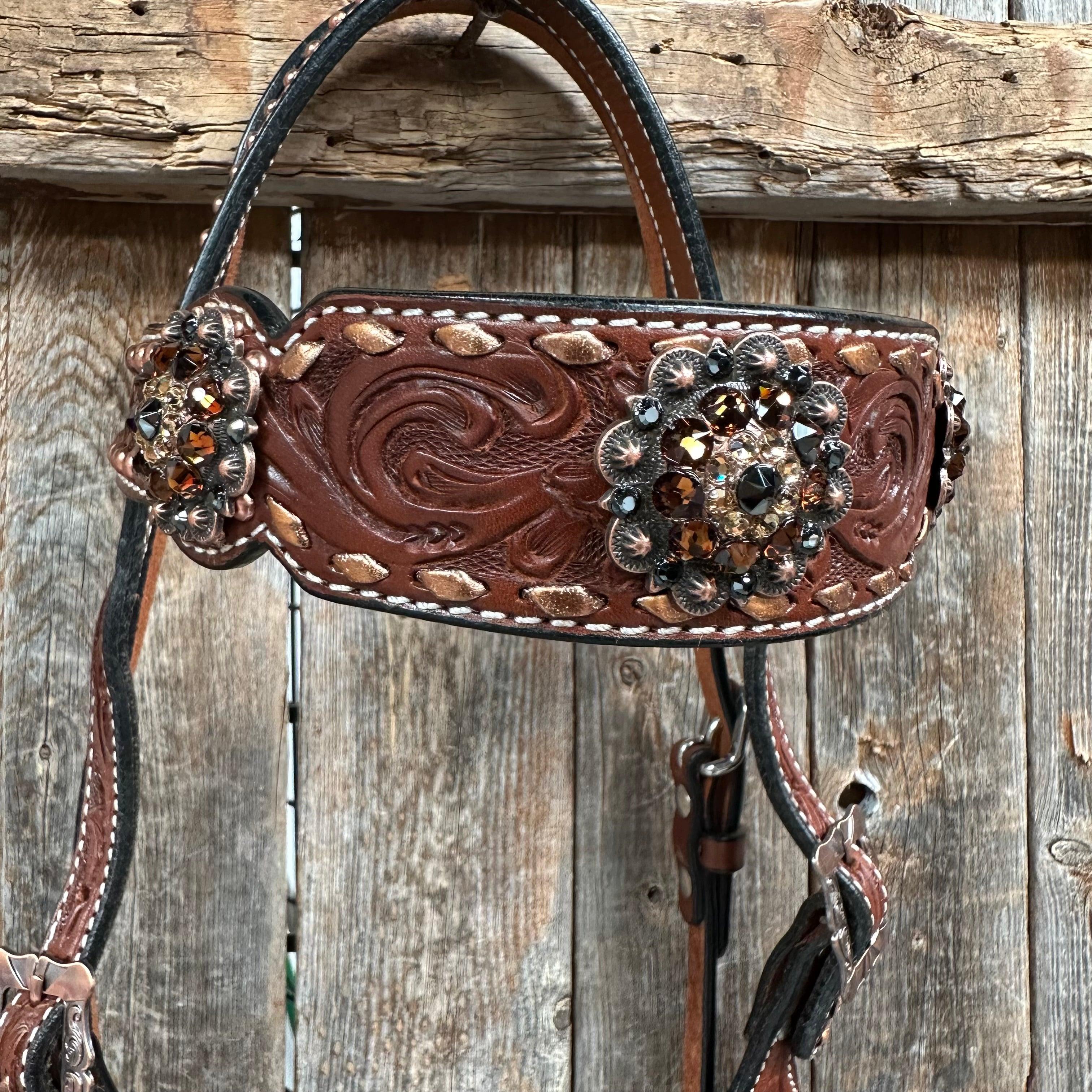 Copper Dot and Buckstitch Jet, Champagne and Topaz Browband Tack Set #BBBC552 — view 3