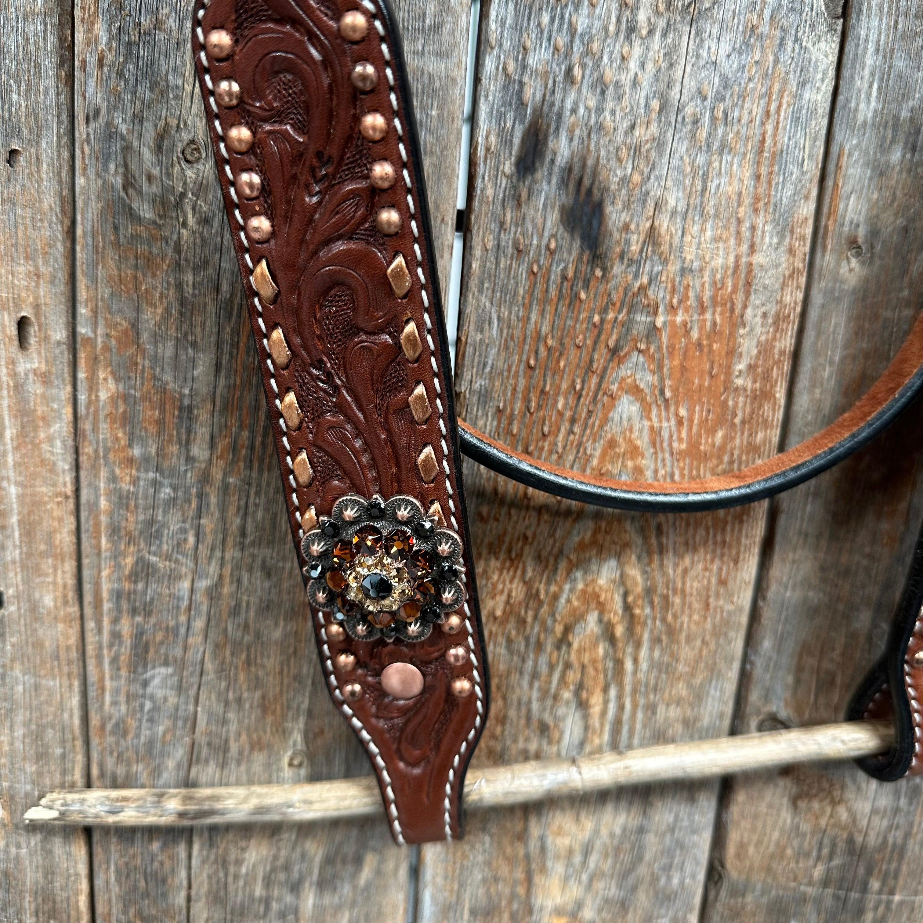 Copper Dot and Buckstitch Jet, Champagne and Topaz Browband Tack Set #BBBC552 — view 4