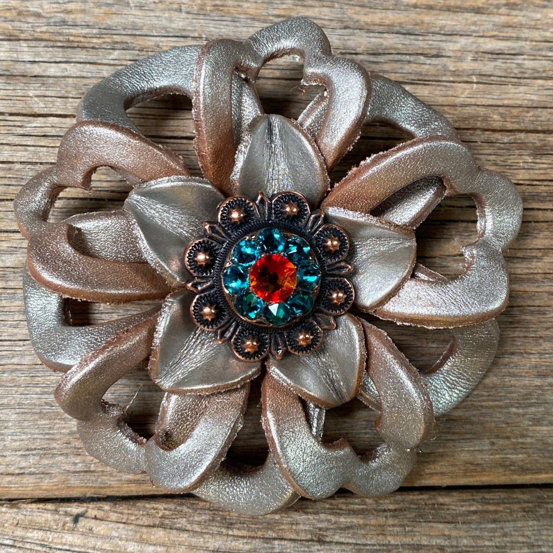 Silver Lotus Flower With Copper Fire Opal & Teal 1" Concho
