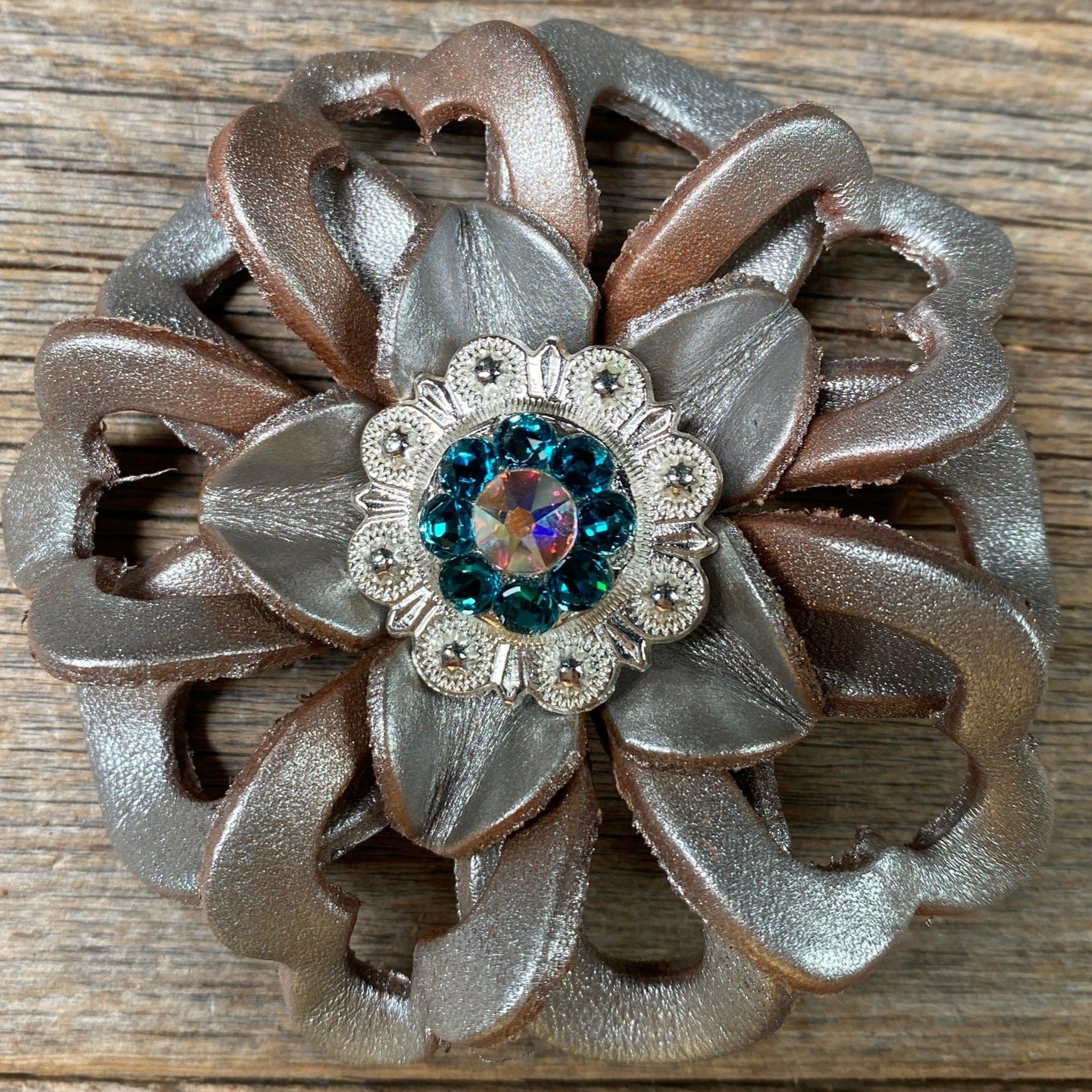 Silver Lotus Flower With Bright Silver Teal & AB 1" Concho