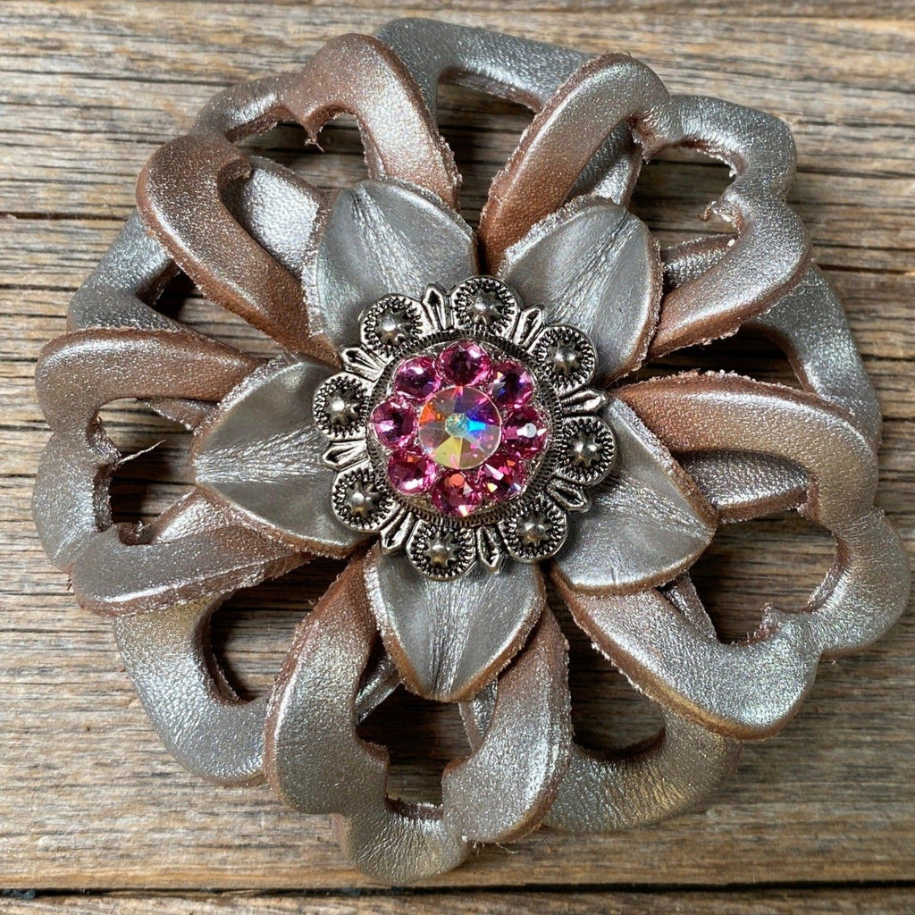Silver Lotus Flower With Antique Silver Pink & AB 1" Concho