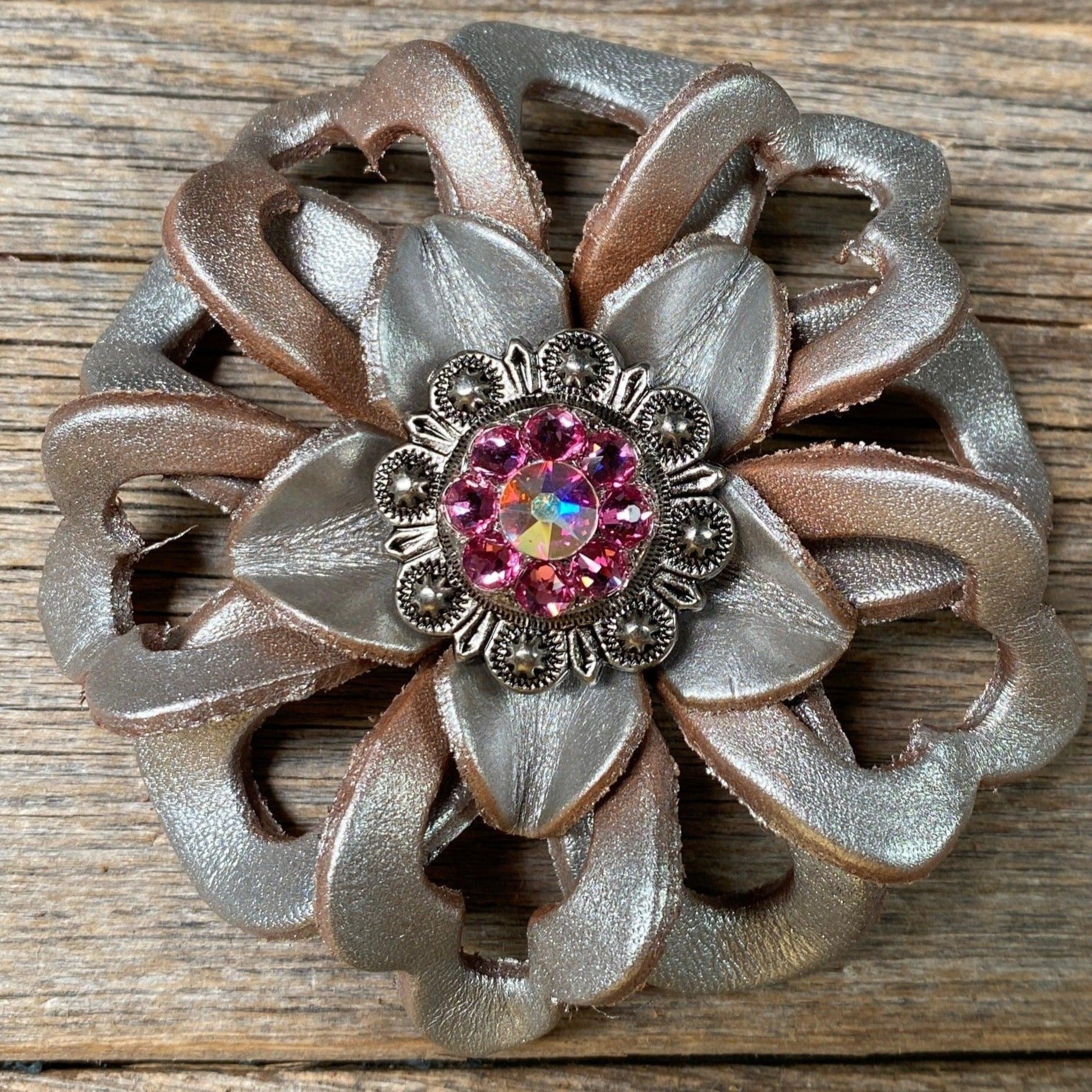 Silver Lotus Flower With Antique Silver Pink & AB 1" Concho
