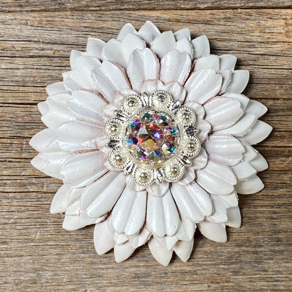 White Daisy Flower With Bright Silver AB 1" Concho