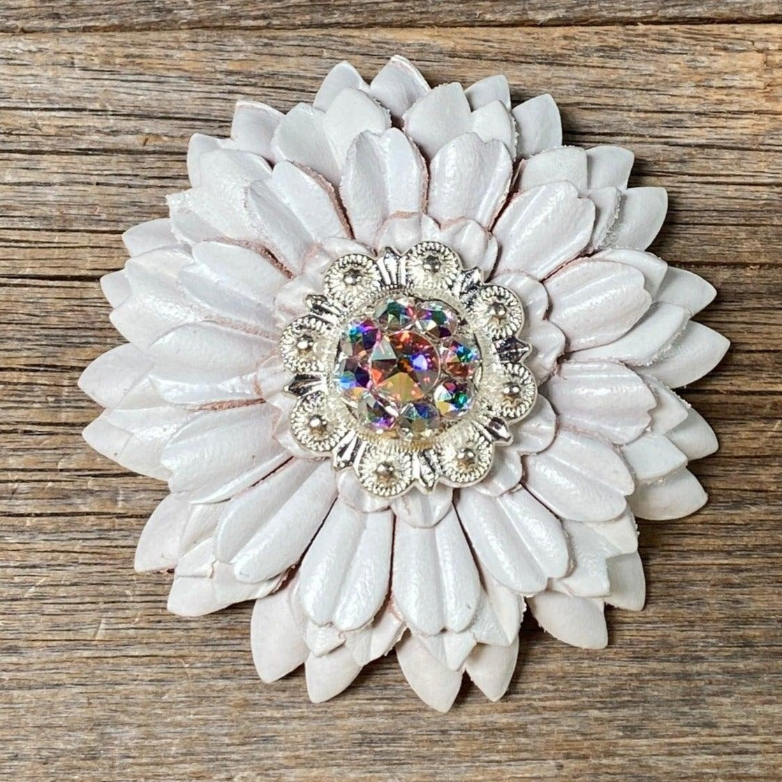 White Daisy Flower With Bright Silver AB 1" Concho
