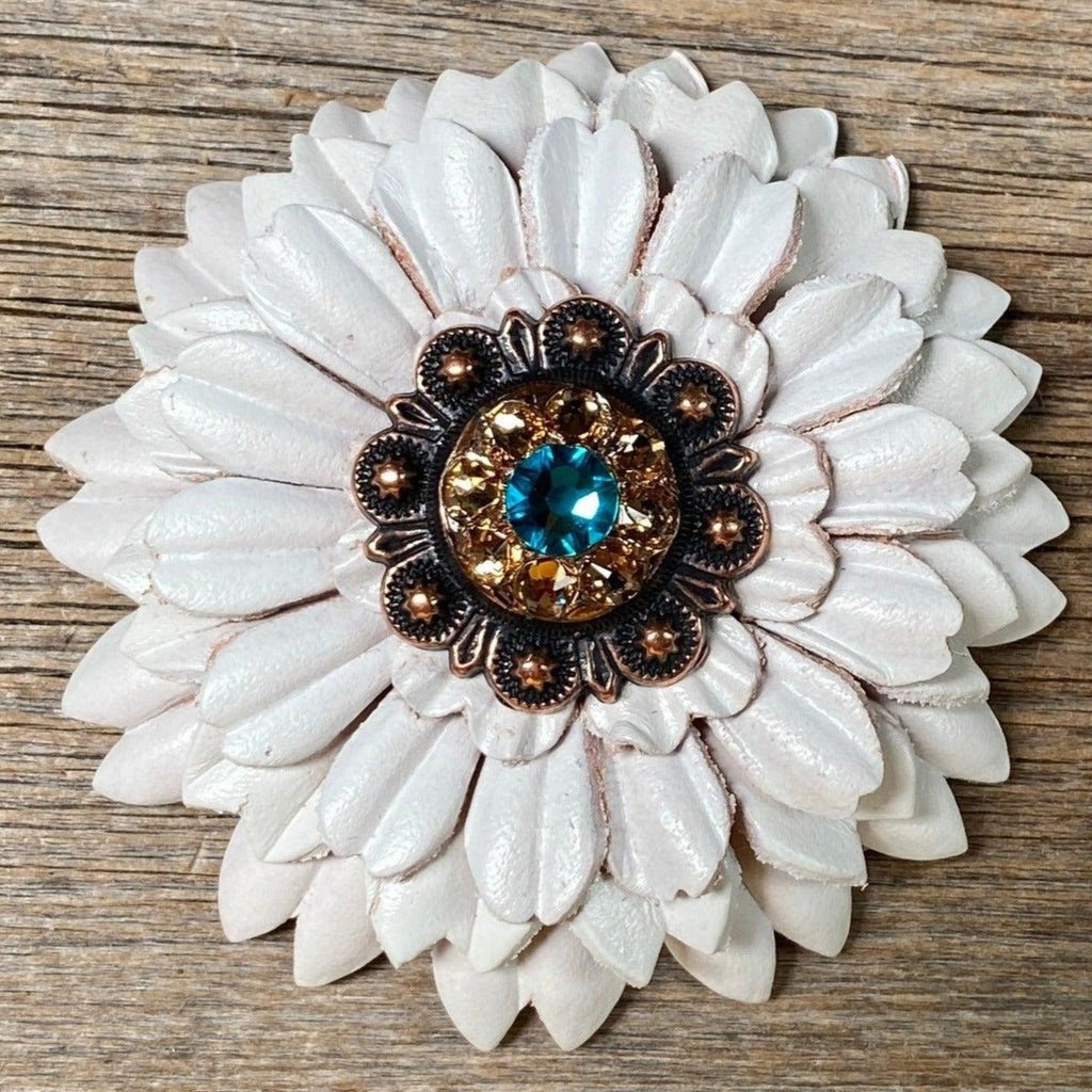 White Daisy Flower With Copper Teal & Champagne 1" Concho