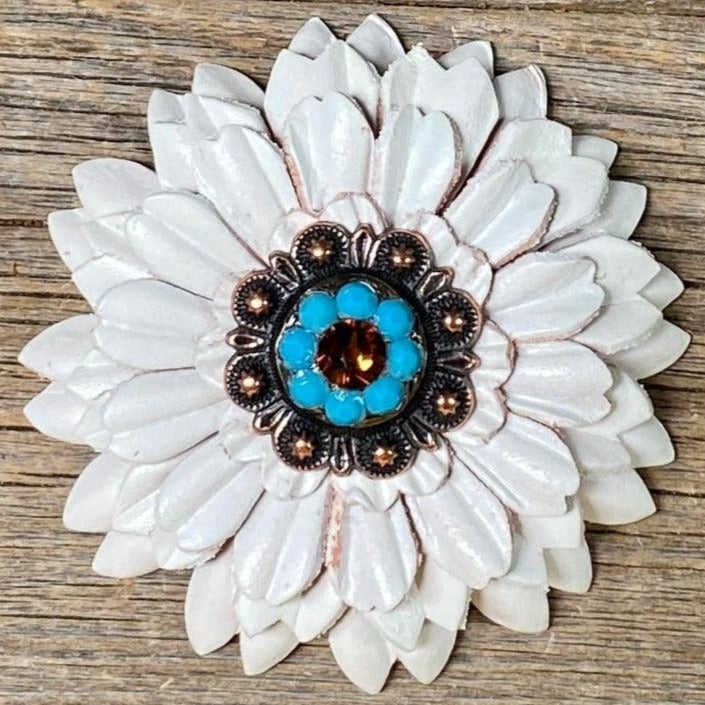 White Daisy Flower With Copper Topaz & Turquoise 1" Concho