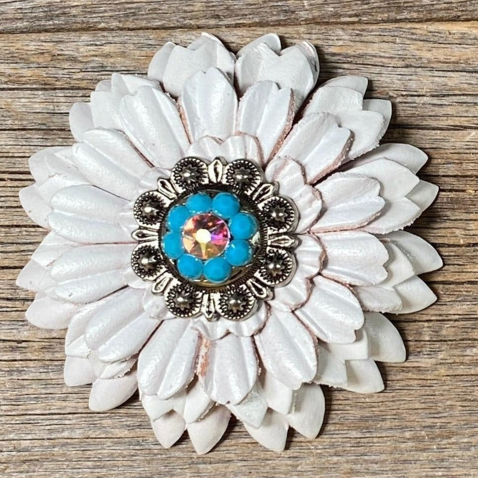 White Daisy Flower With Antique Silver Turquoise & AB 1" Concho