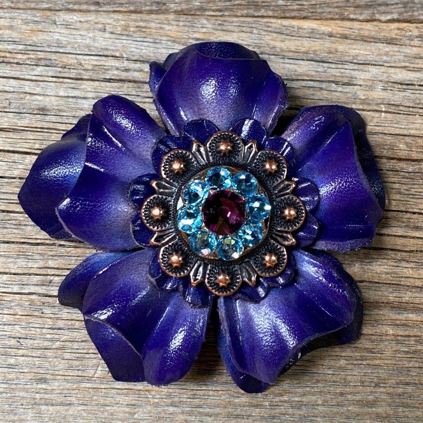 Blue Carnation Flower With Copper Amethyst & Aqua 1" Concho