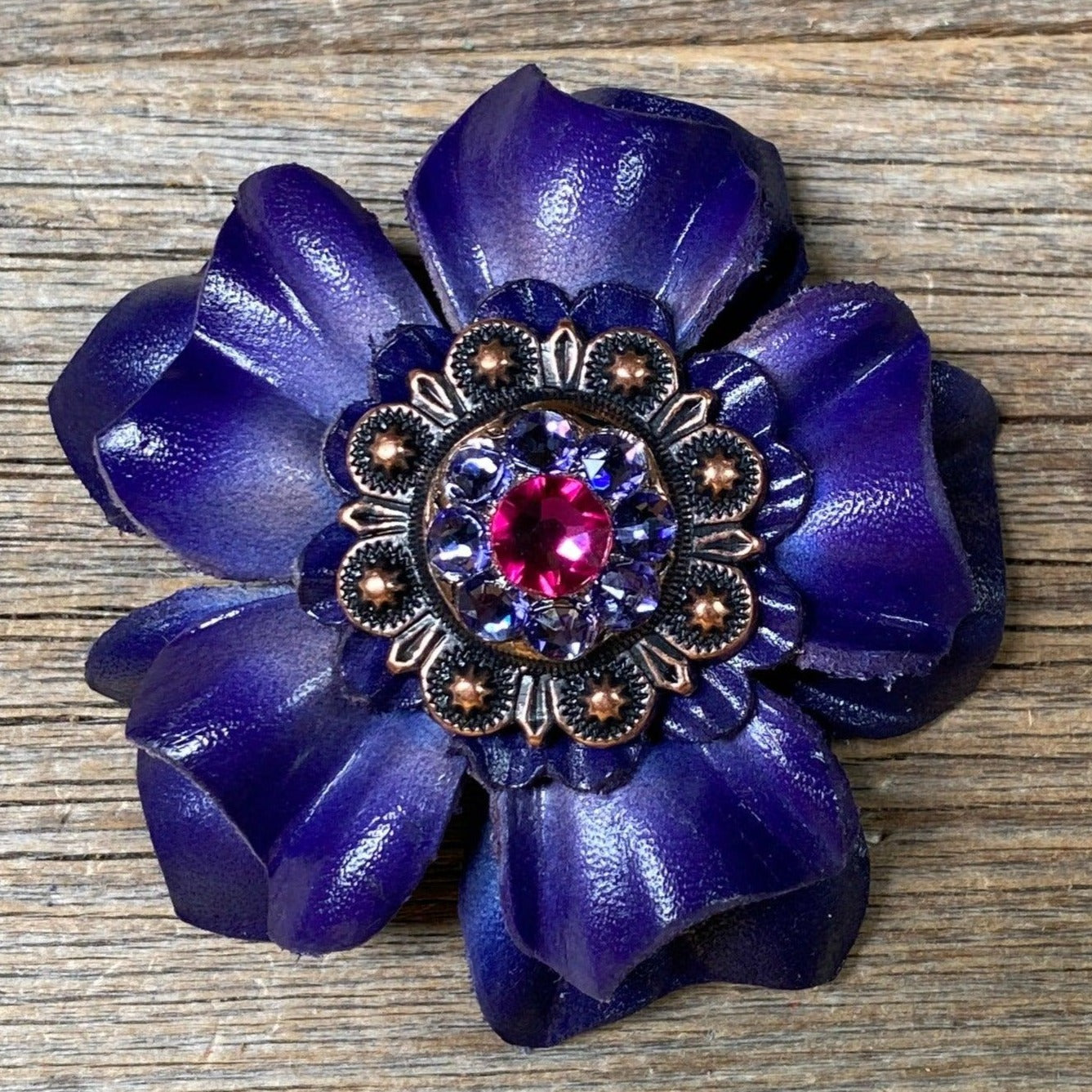 Blue Carnation Flower With Copper Fuchsia & Lilac 1" Concho