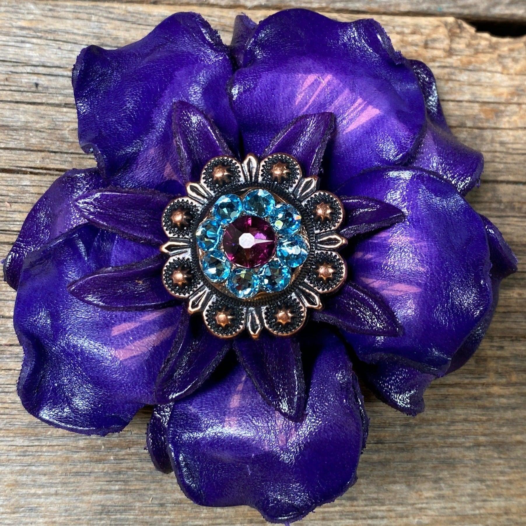 Purple Gardenia Flower With Copper Amethyst & Aqua 1" Concho