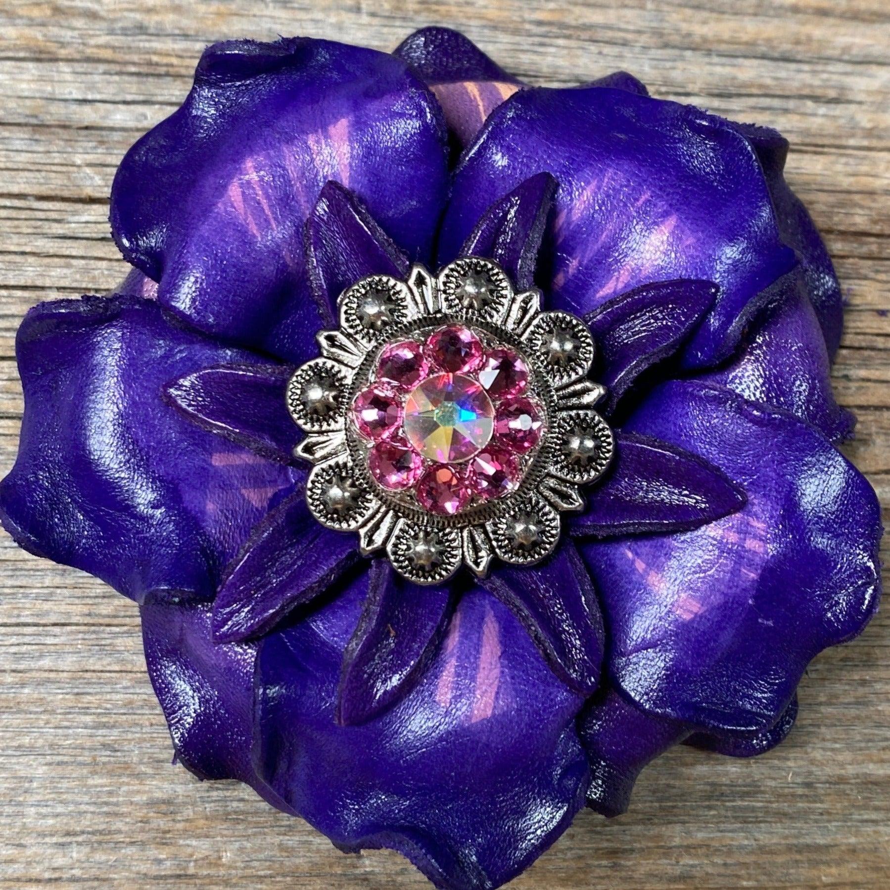 Purple Gardenia Flower With Antique Silver Pink & AB 1" Concho