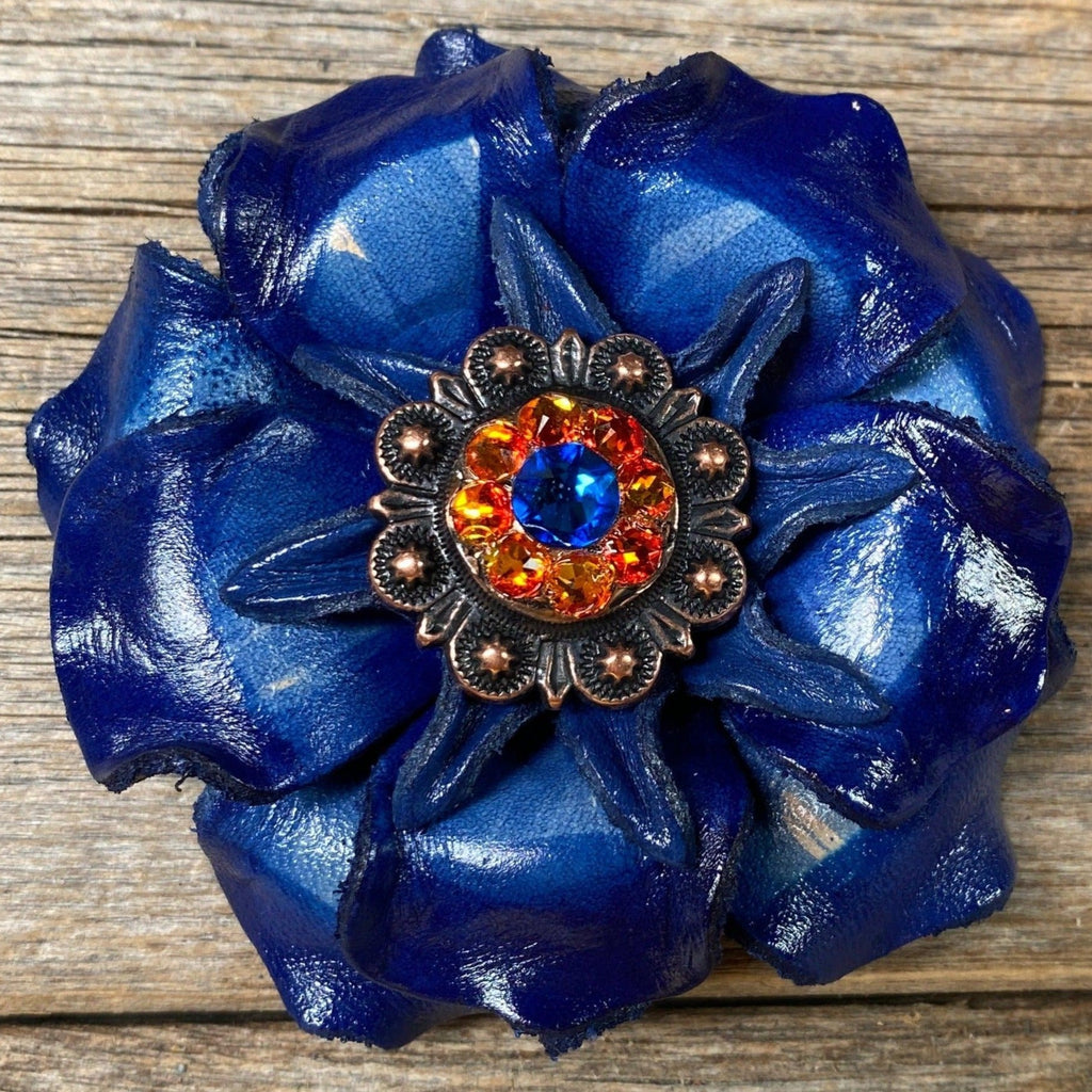 Blue Gardenia Flower With Copper Capri & Fire Opal 1" Concho