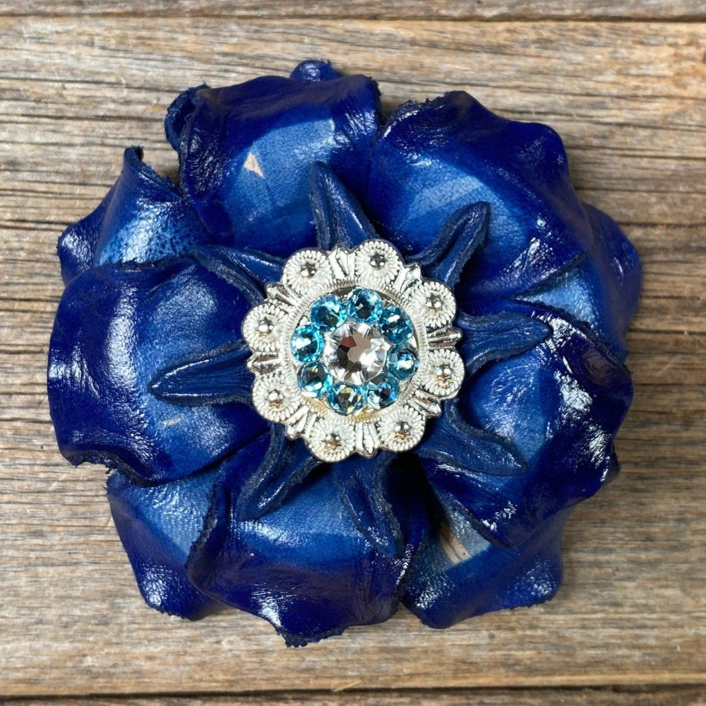 Blue Gardenia Flower With Bright Silver Aqua & Clear 1" Concho
