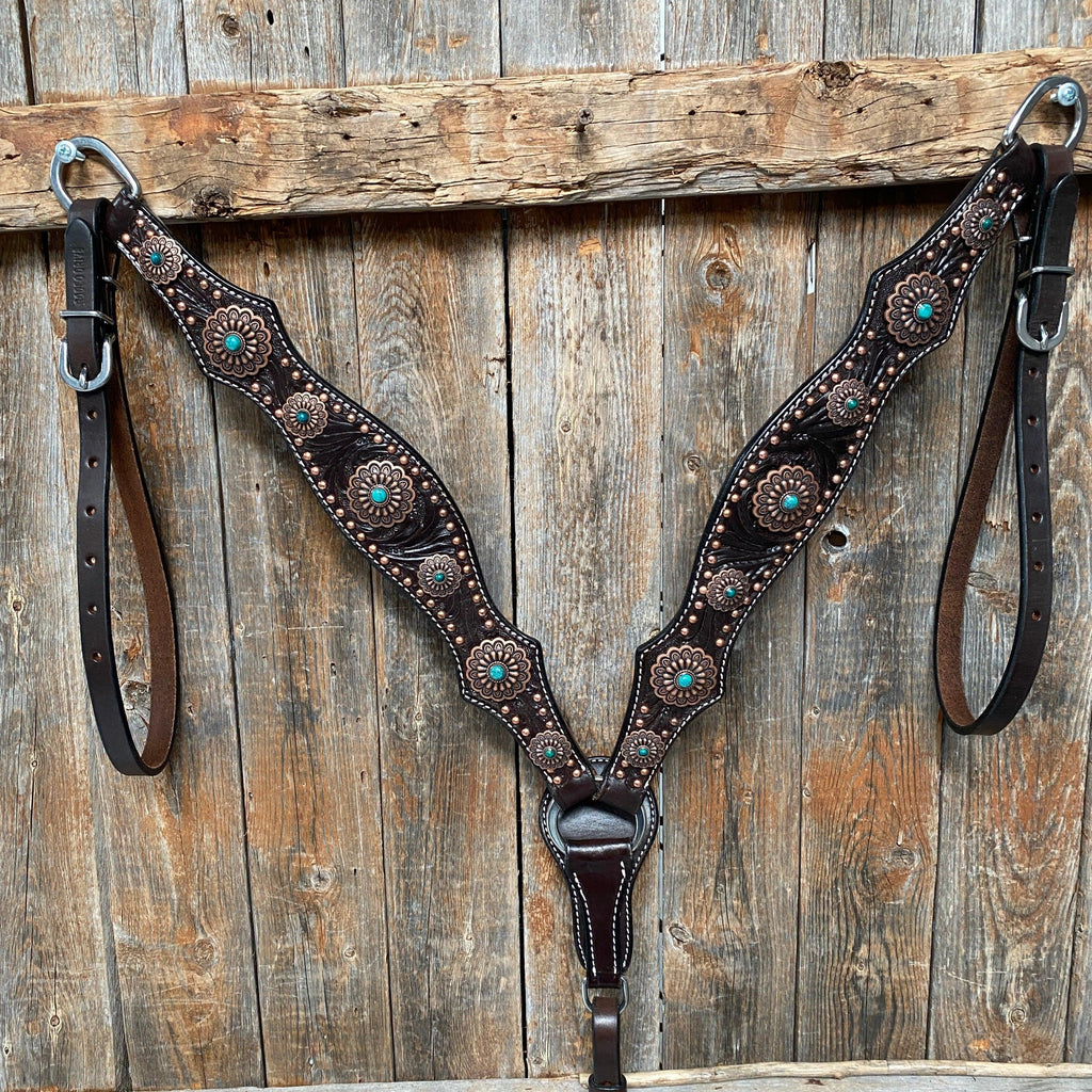 Dark Oil Copper Dot Floral with Turquoise Browband/One Ear Tack Set #BBBC476 — view 8