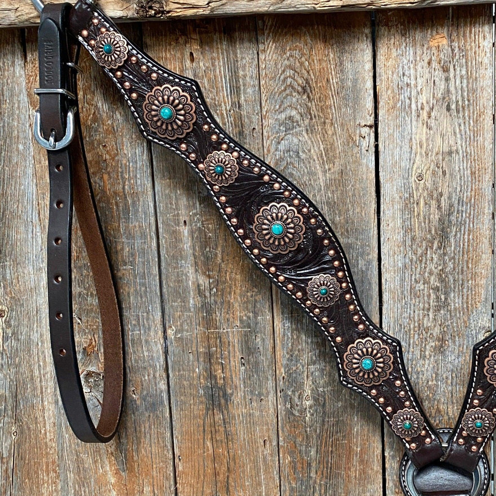 Dark Oil Copper Dot Floral with Turquoise Browband/One Ear Tack Set #BBBC476 — view 9