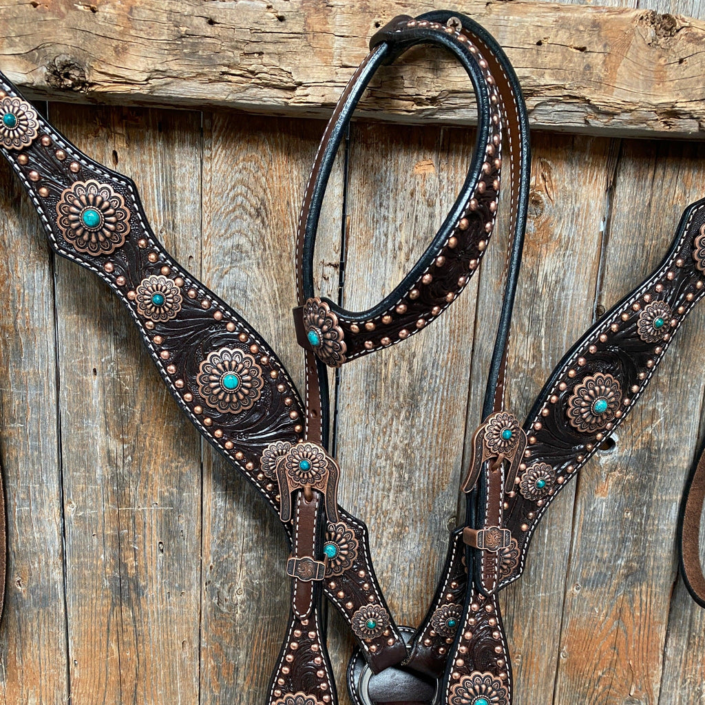 Dark Oil Copper Dot Floral with Turquoise Browband/One Ear Tack Set #BBBC476 — view 3