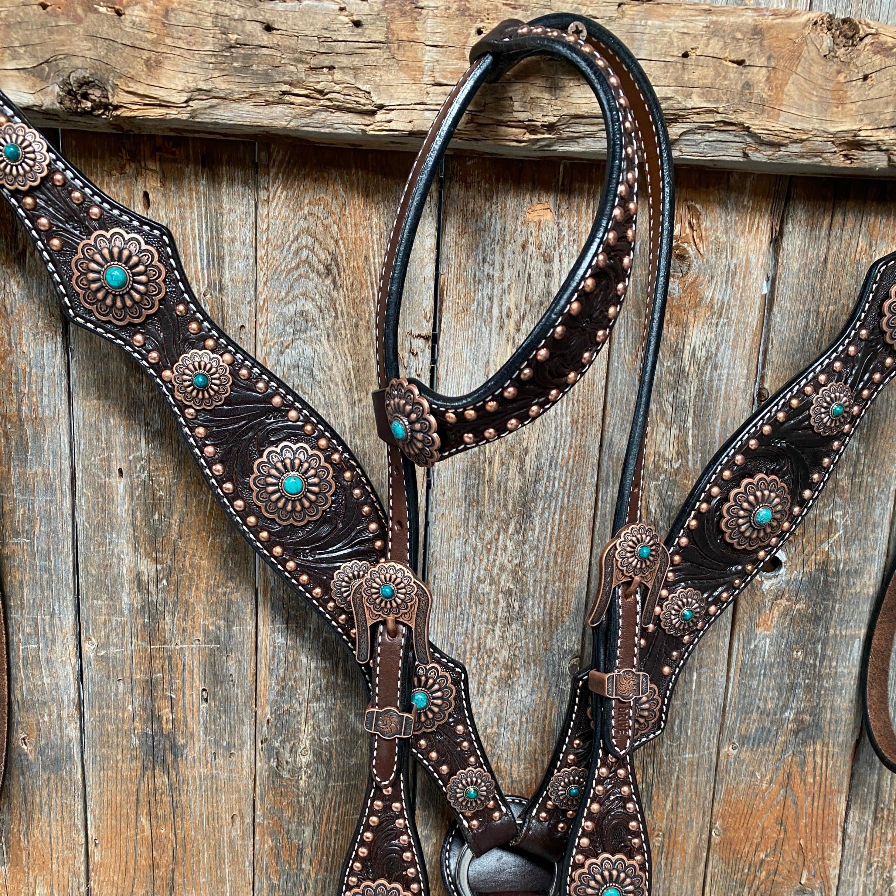 Dark Oil Copper Dot Floral with Turquoise Browband/One Ear Tack Set #BBBC476 — view 3