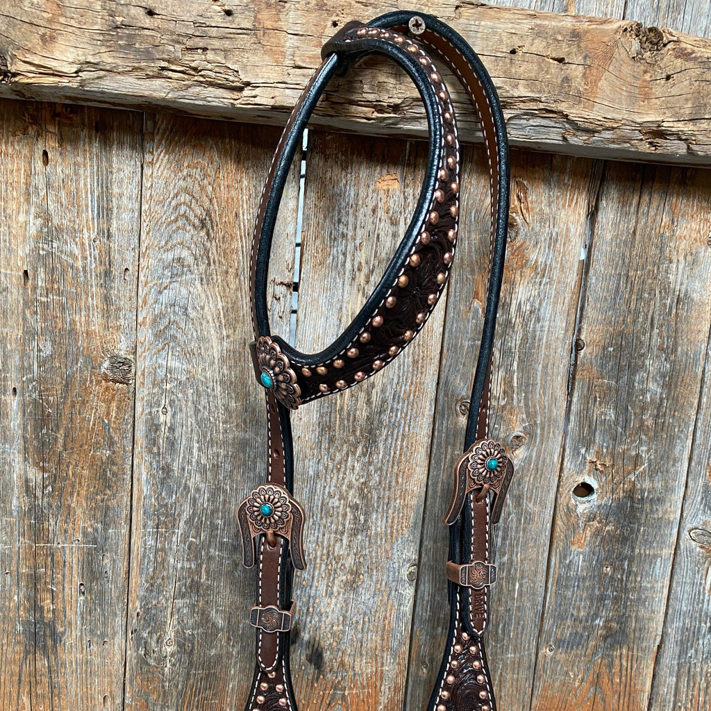 Dark Oil Copper Dot Floral with Turquoise Browband/One Ear Tack Set #BBBC476 — view 6