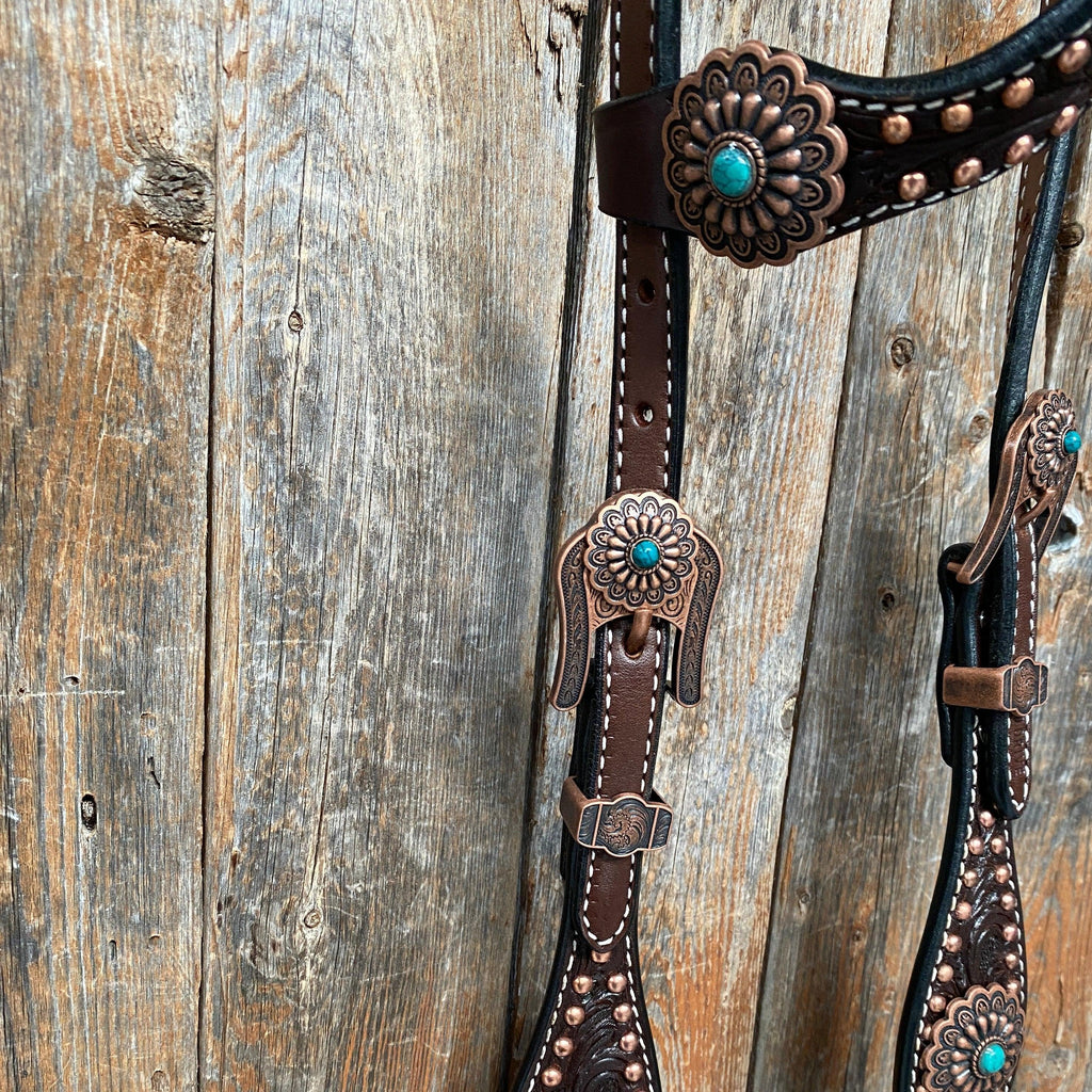 Dark Oil Copper Dot Floral with Turquoise Browband/One Ear Tack Set #BBBC476 — view 7