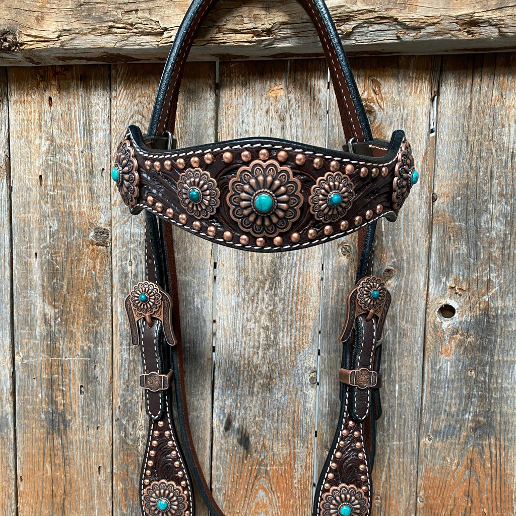 Dark Oil Copper Dot Floral with Turquoise Browband/One Ear Tack Set #BBBC476 — view 4