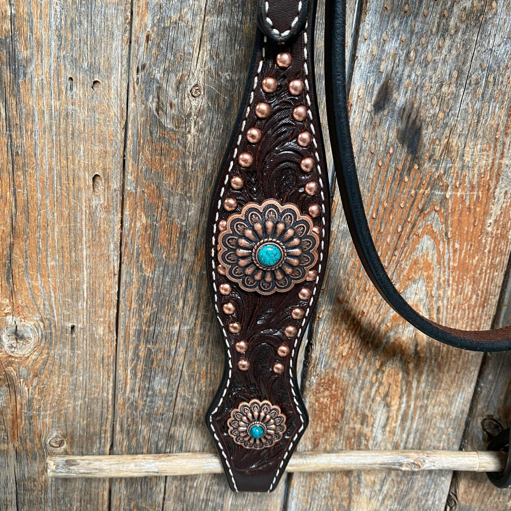 Dark Oil Copper Dot Floral with Turquoise Browband/One Ear Tack Set #BBBC476 — view 5