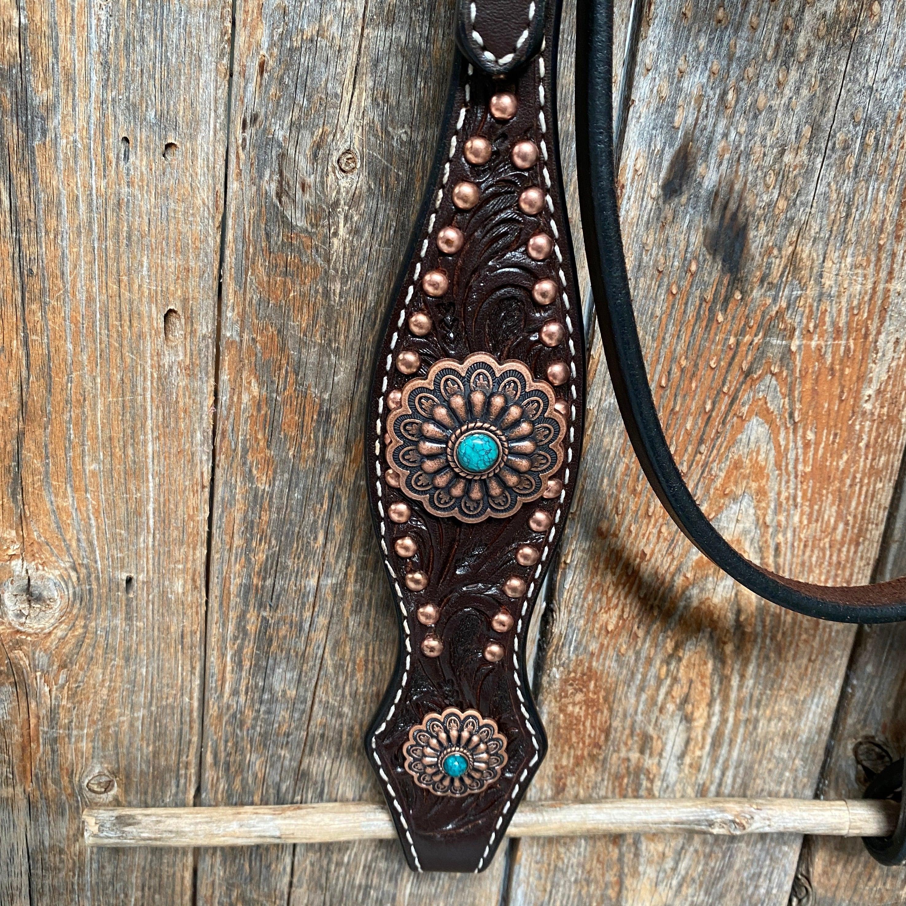 Dark Oil Copper Dot Floral with Turquoise Browband/One Ear Tack Set #BBBC476 — view 5