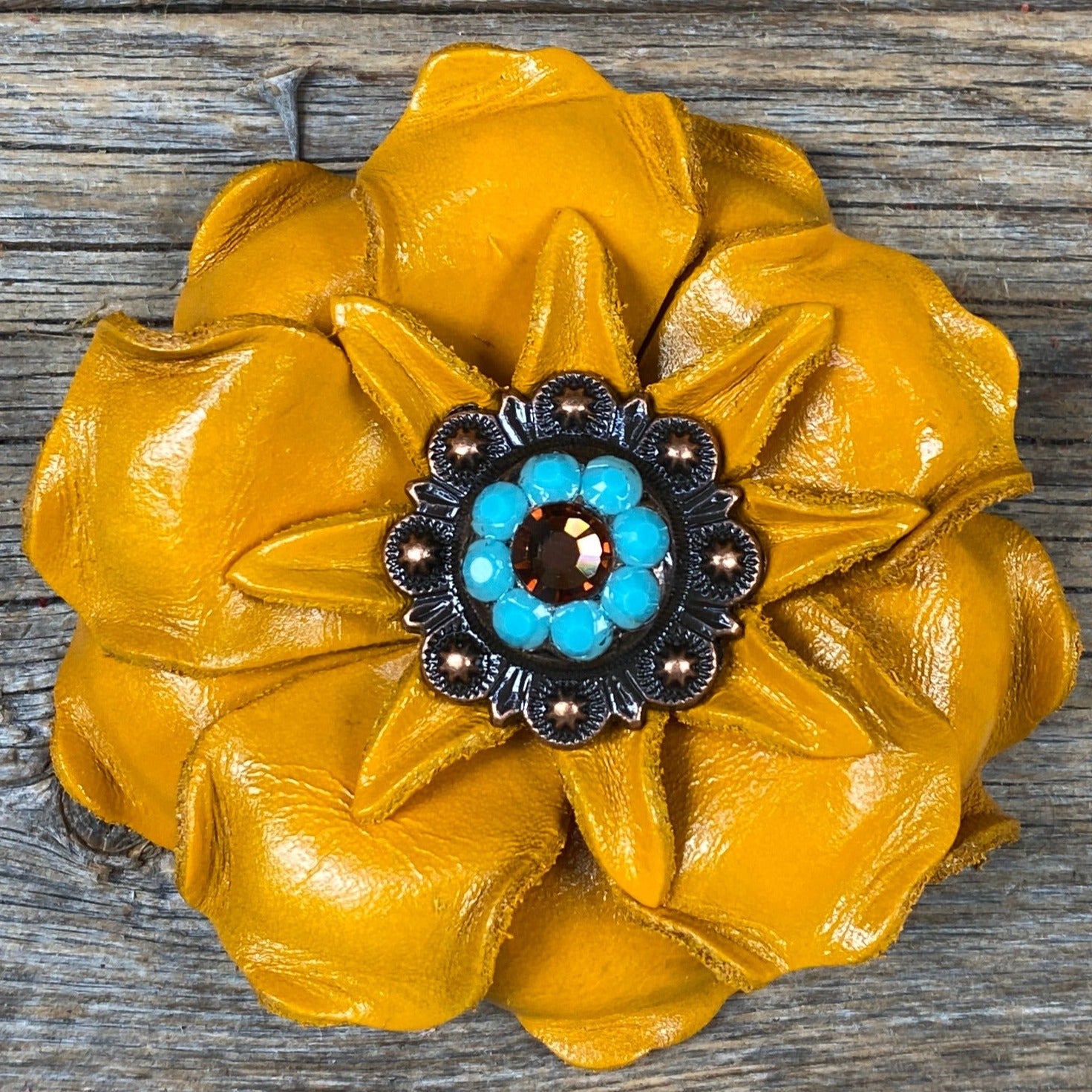 Yellow Gardenia Leather Flowers - 1" Crystal Conchos - Options — view 4