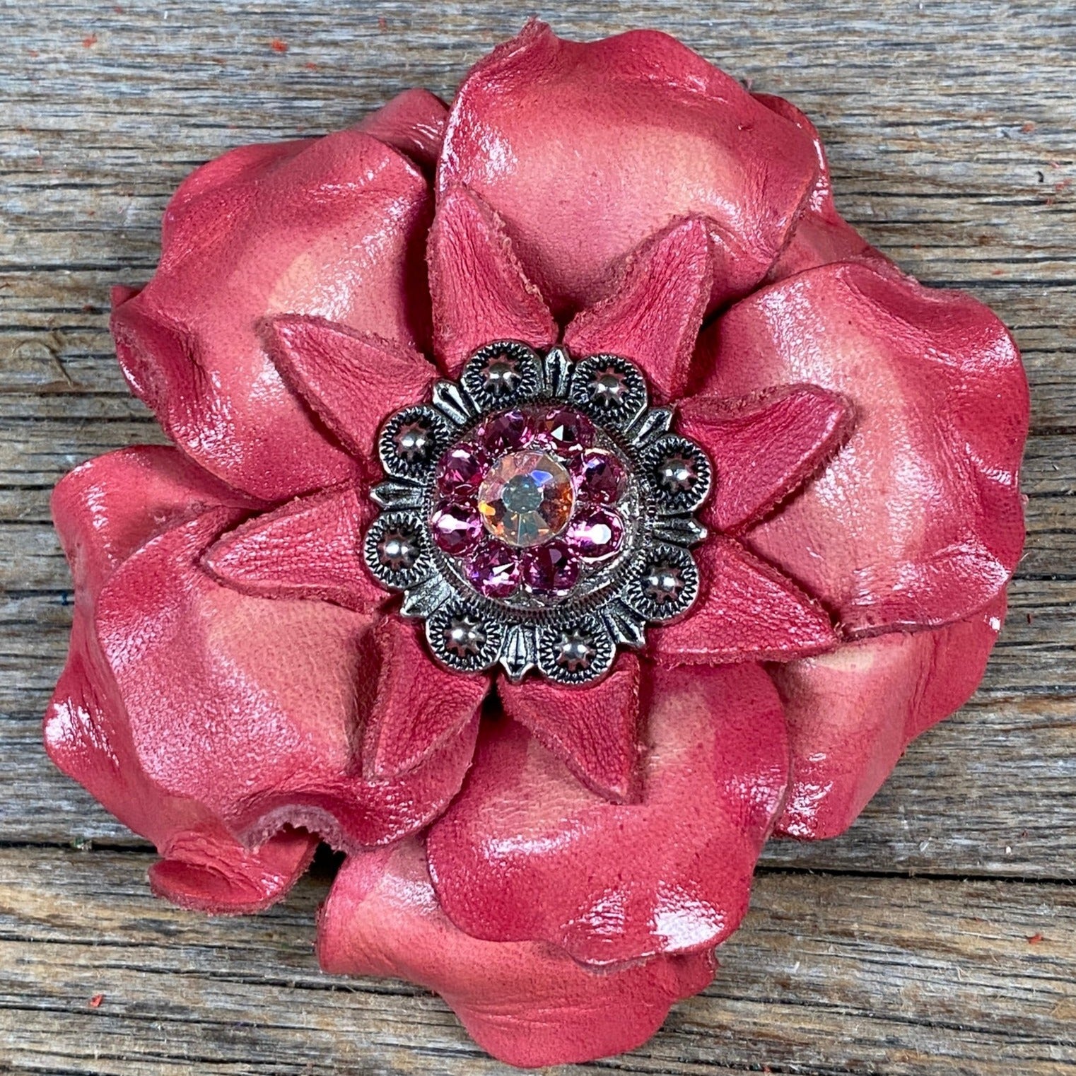 Pink Gardenia Leather Flowers - 1" Crystal Conchos - Options — view 4