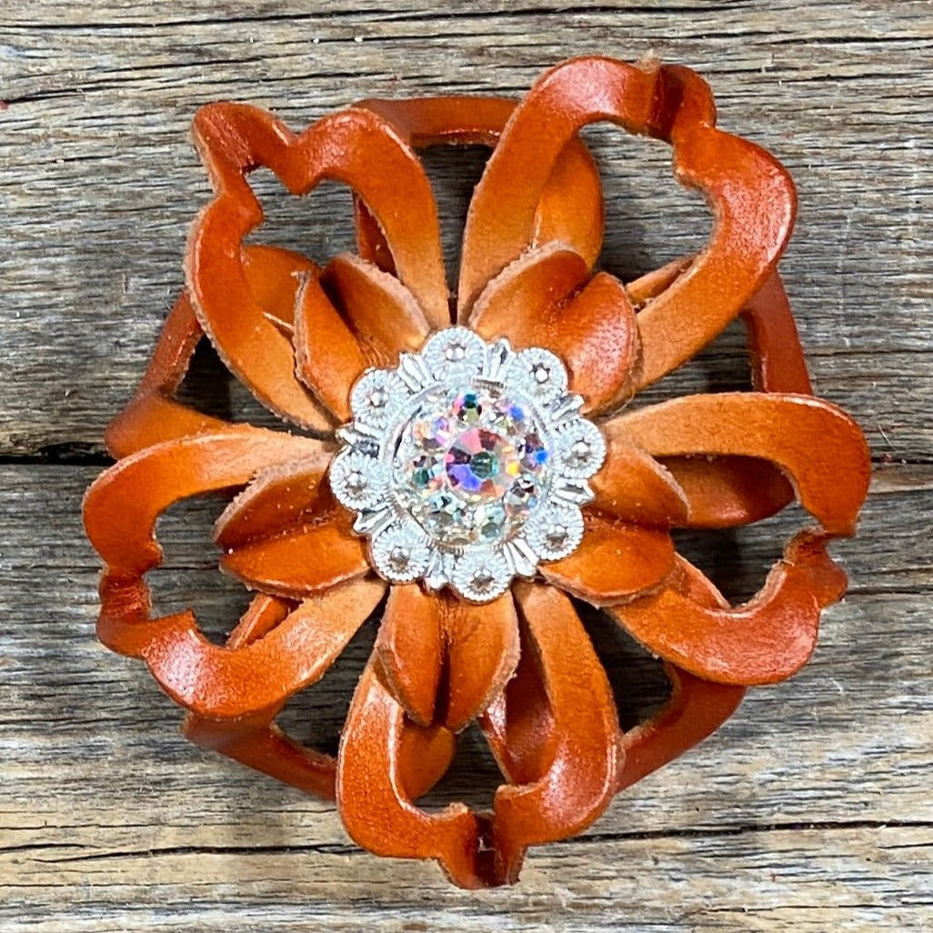 Orange Lotus Leather Flowers - 1" Crystal Conchos - Options — view 5