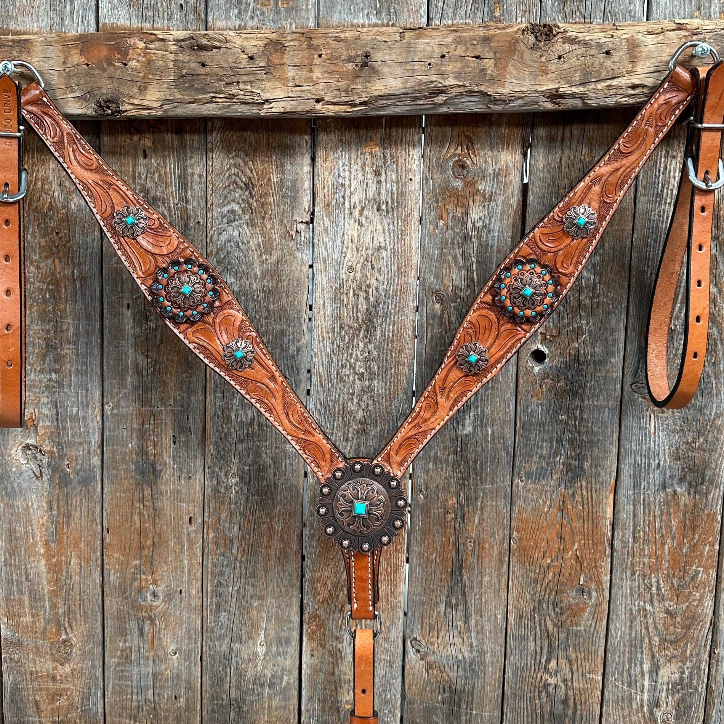 Light Oil V Brow Copper and Turquoise Browband & Breastcollar Tack Set #BBBC557 — view 3