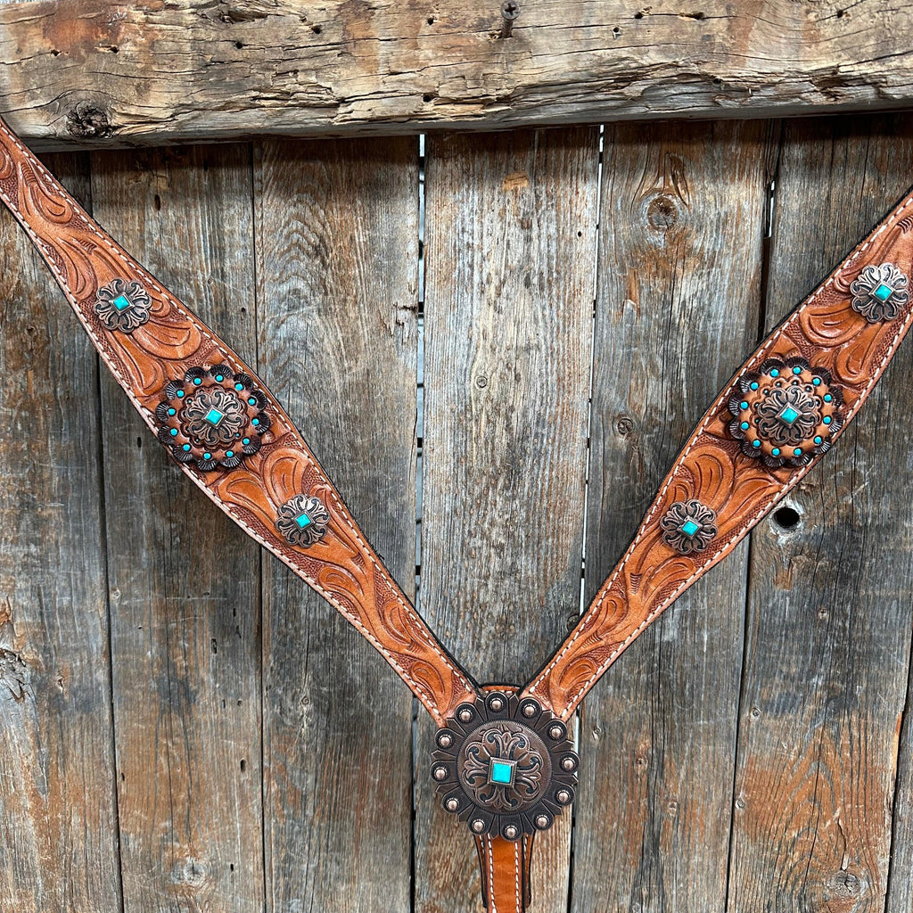 Light Oil V Brow Copper and Turquoise Browband & Breastcollar Tack Set #BBBC557 — view 2