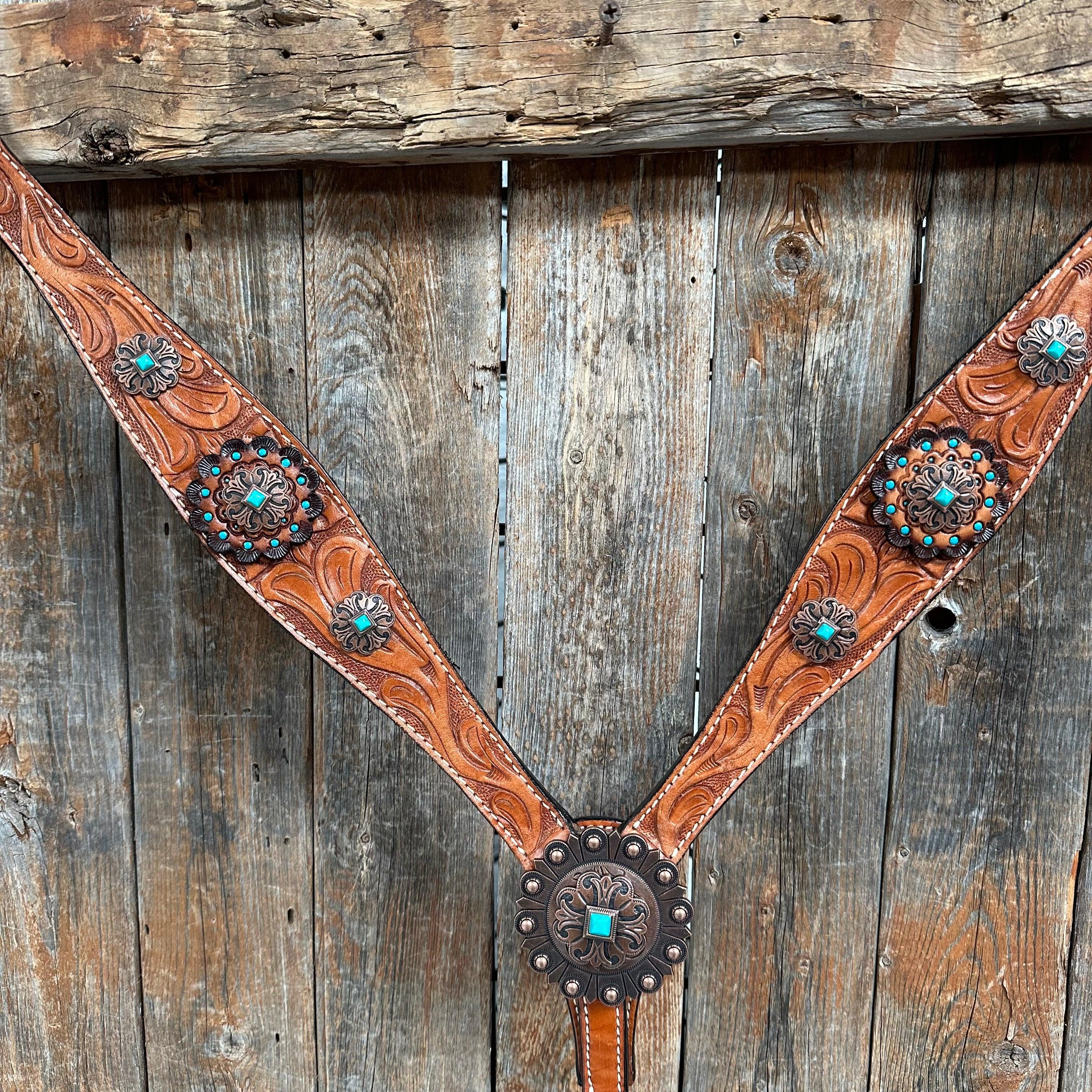Light Oil V Brow Copper and Turquoise Browband & Breastcollar Tack Set #BBBC557 — view 2