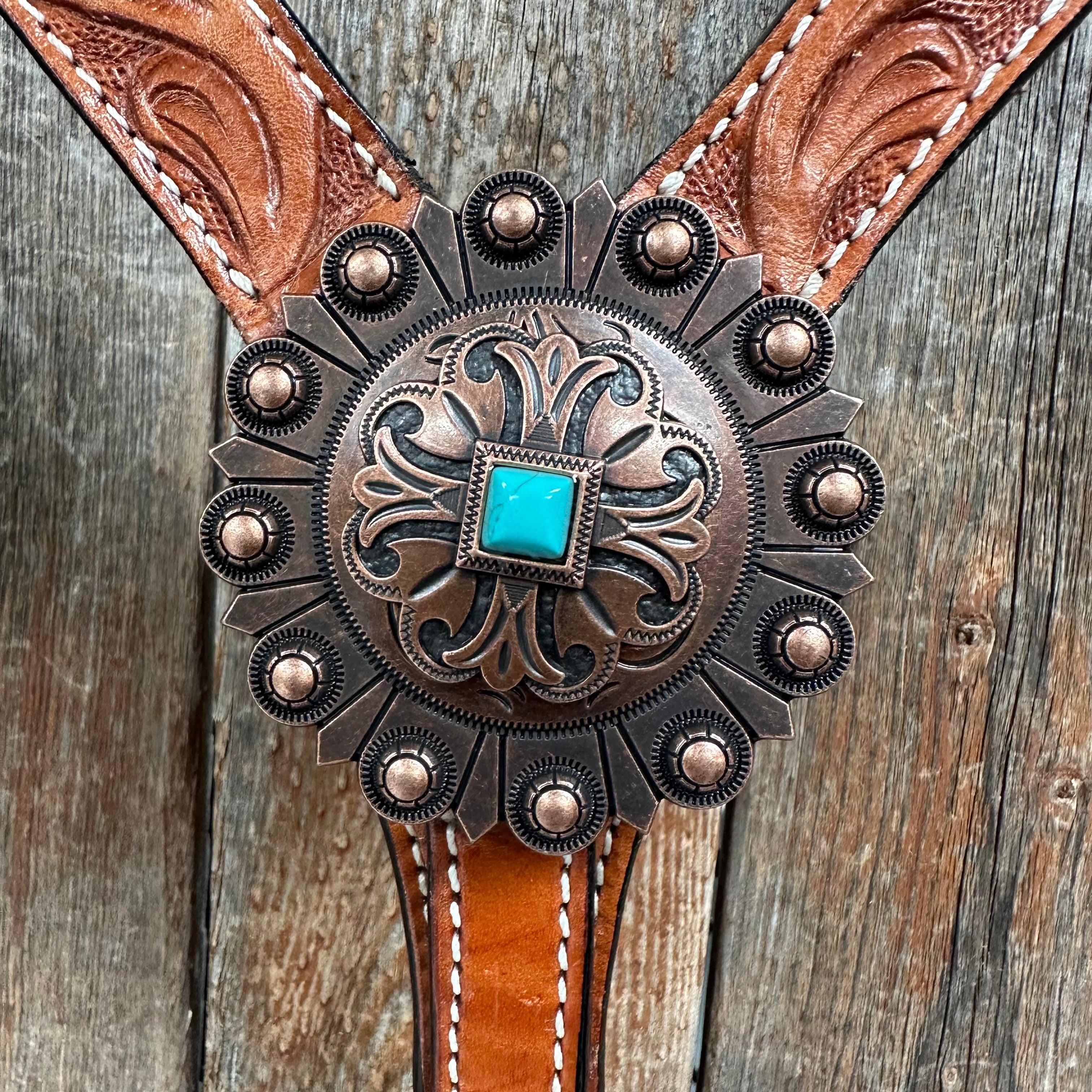 Light Oil V Brow Copper and Turquoise Browband & Breastcollar Tack Set #BBBC557 — view 5