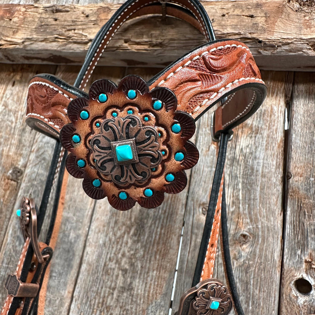 Light Oil V Brow Copper and Turquoise Browband & Breastcollar Tack Set #BBBC557 — view 8