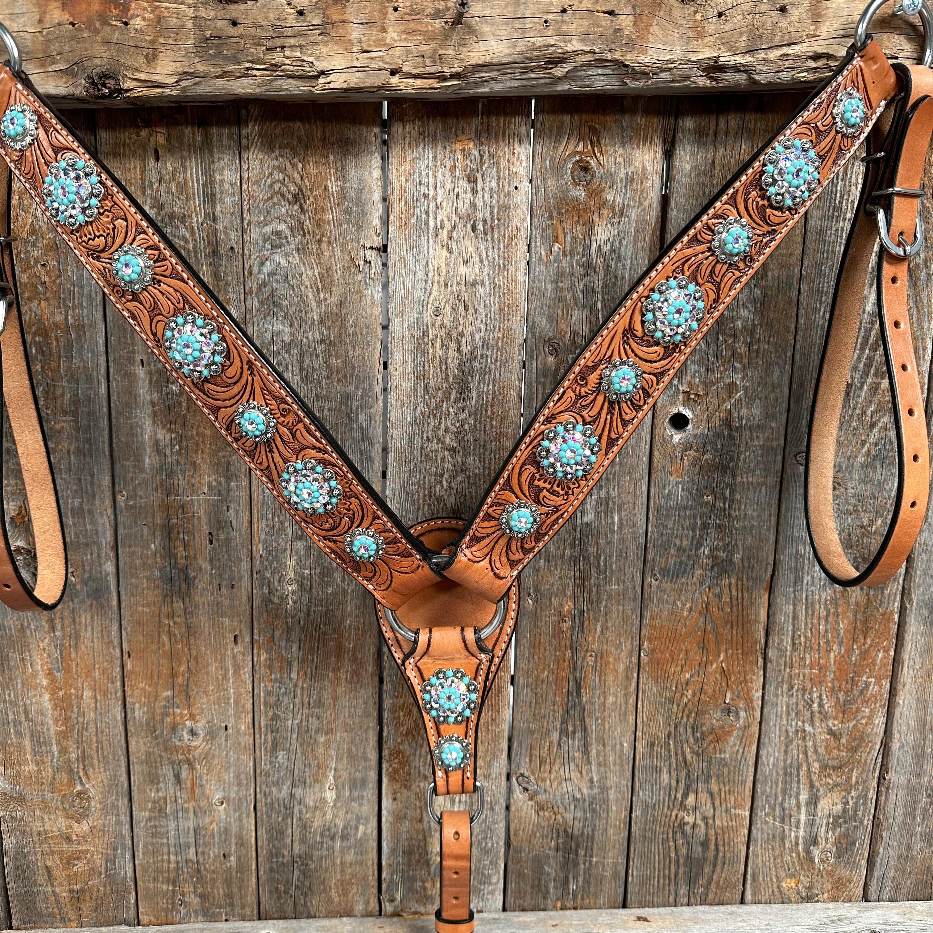 Light Oil Buckaroo Roper Turquoise and AB One Ear & Breastcollar Tack Set #OEBC559 — view 3