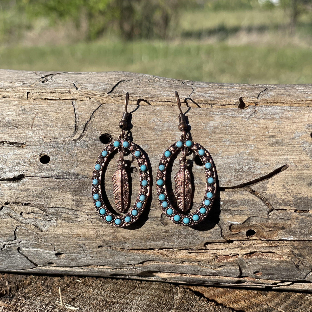 Feather and Turquoise Dangling Copper Fashion Earrings WA175
