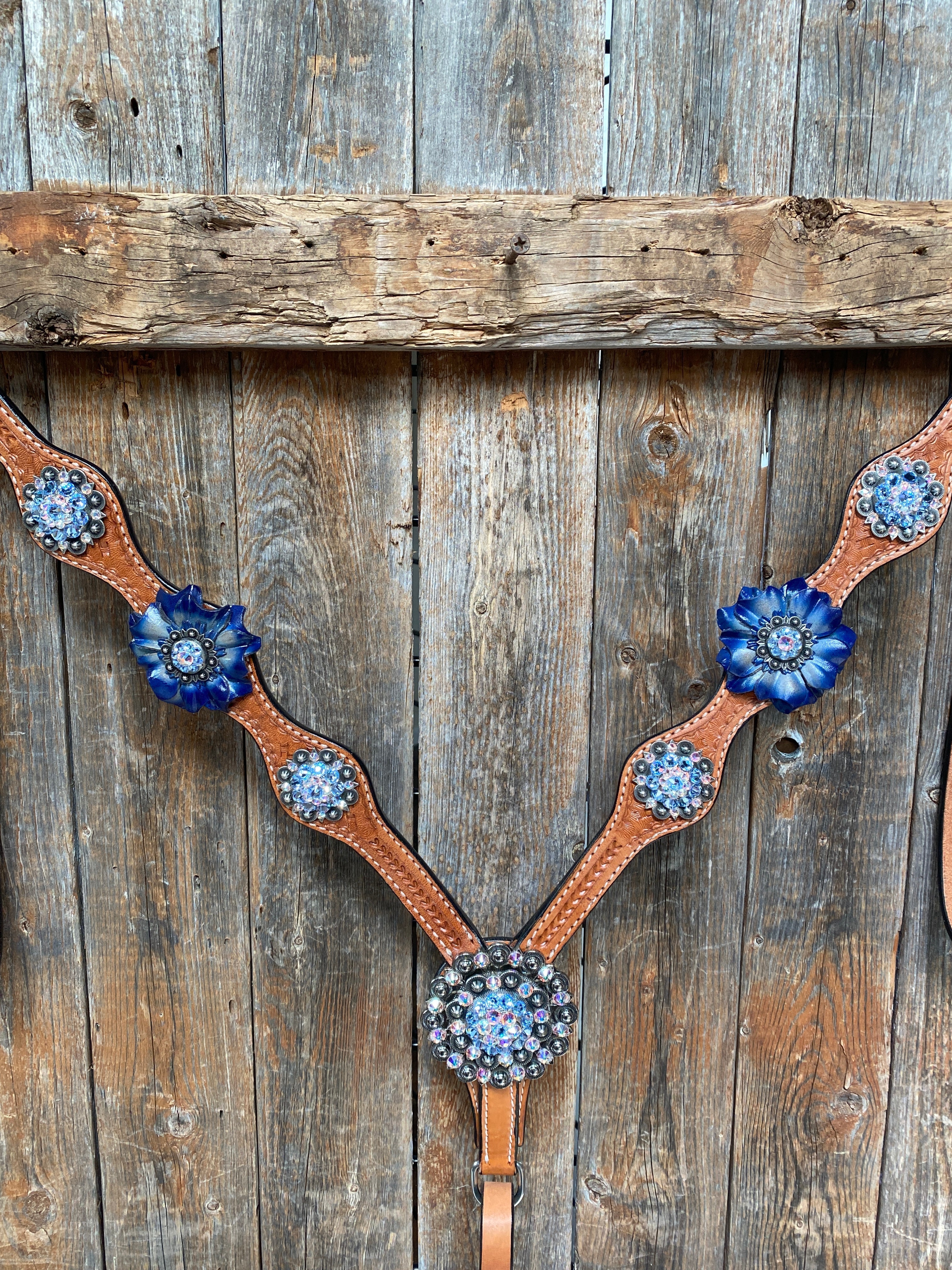 Light Oil Basketweave Blue Wither Strap, One Ear & Breastcollar Tack Set #OEBC438 — view 3