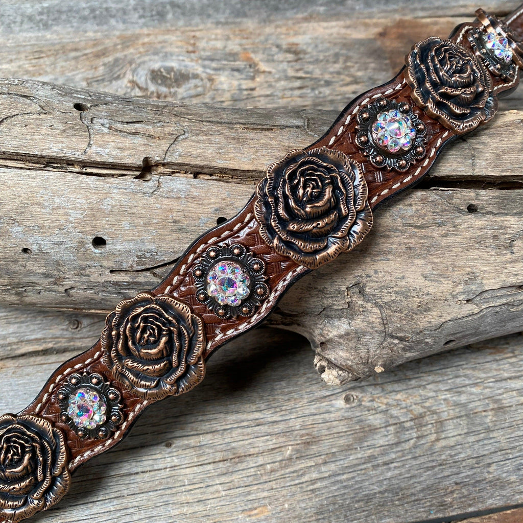DC30 Genuine Leather Copper Rose Dog Collar With Clear European Crystals — view 3